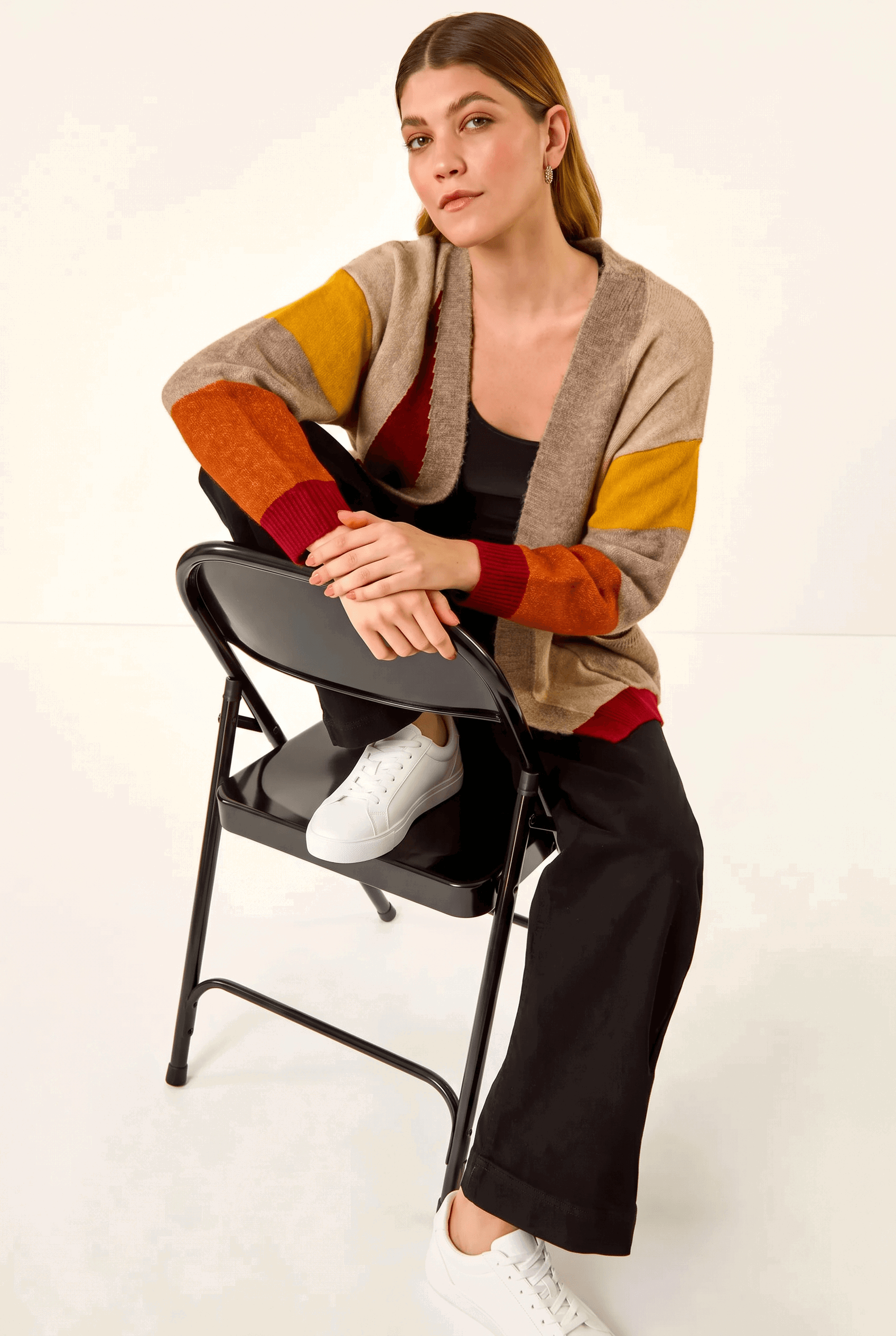 Beige Colour Block Knit Cardigan, Image 4 of 6