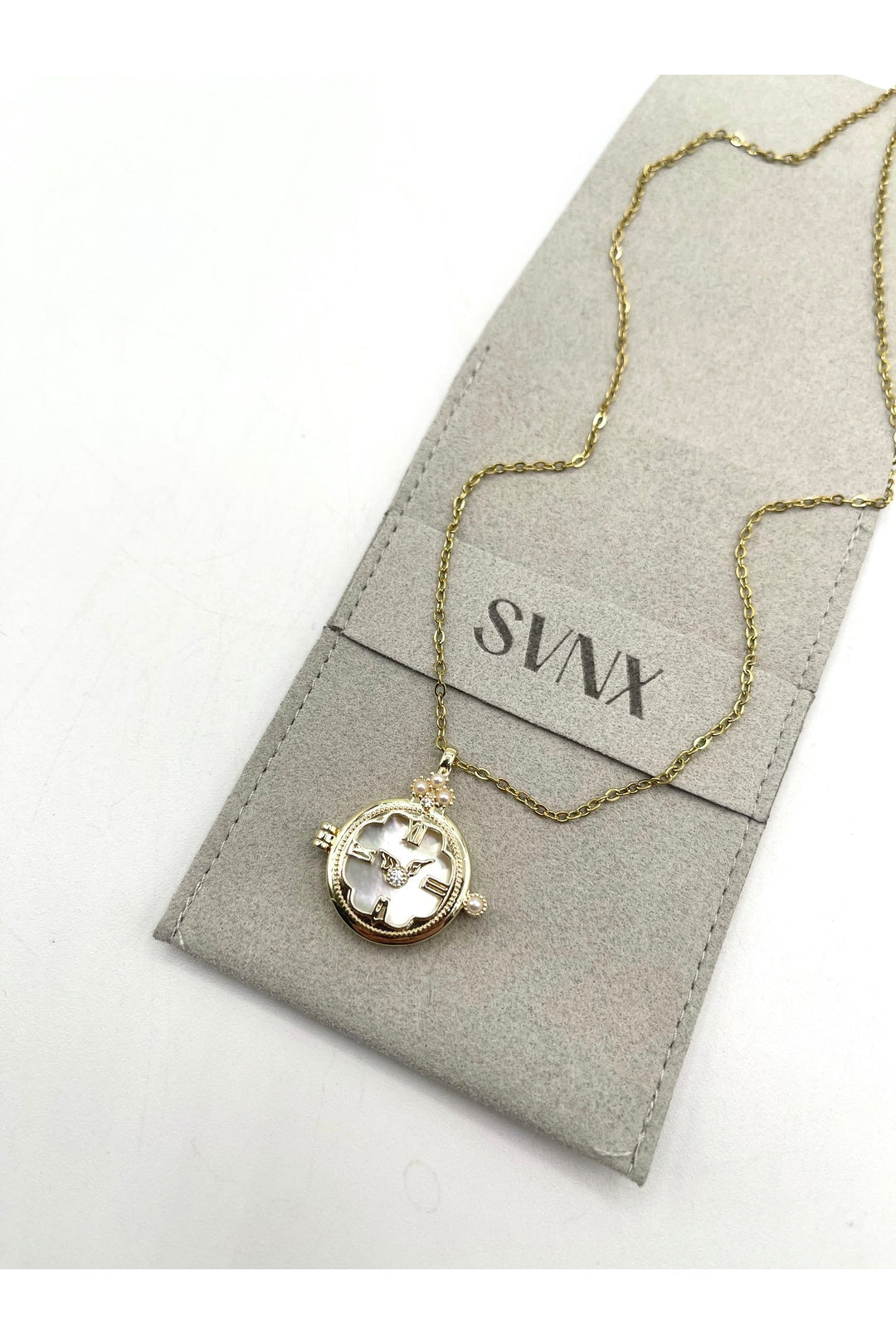 Gold Ivory Stone Clock Pendant Necklace, Image 4 of 5