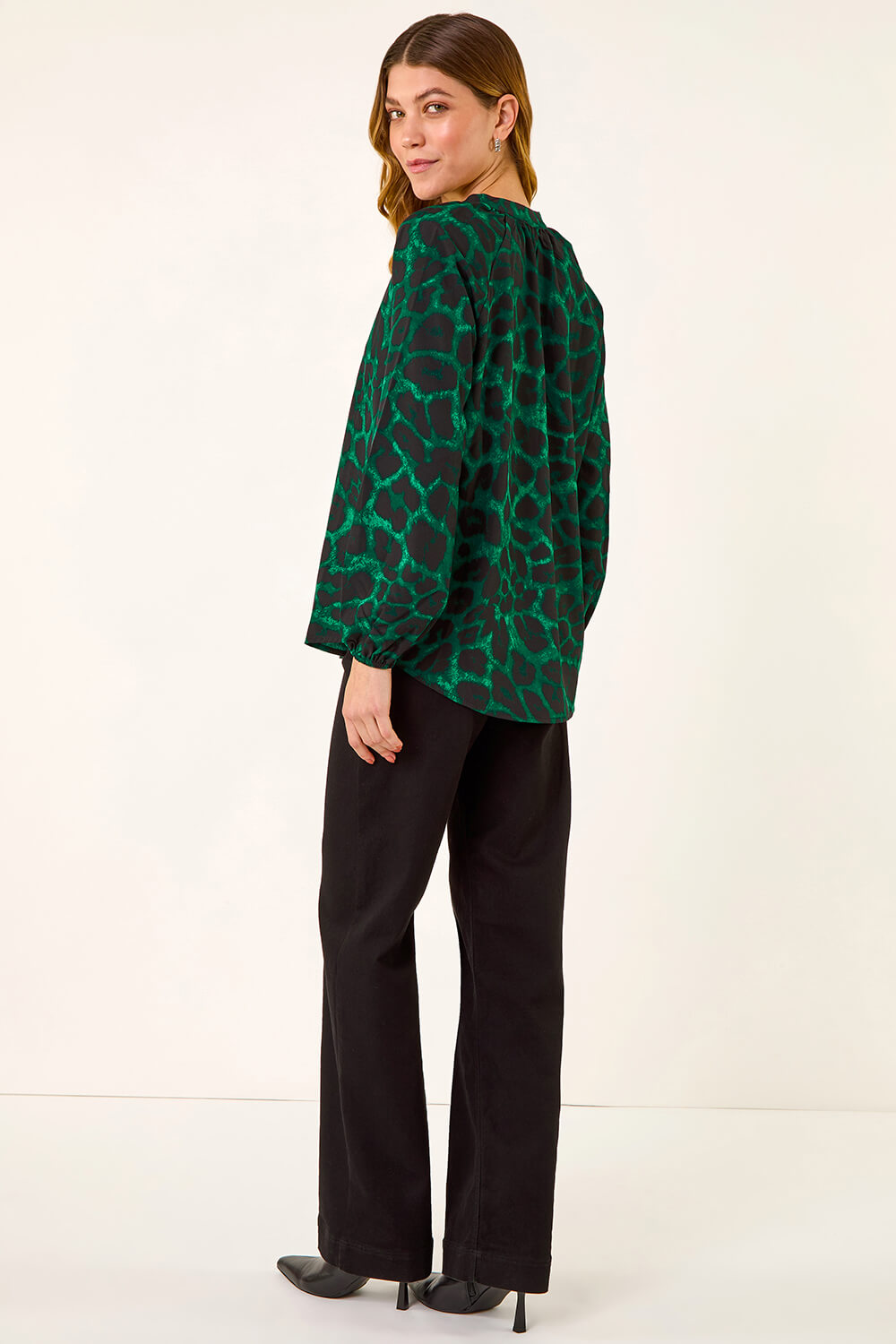 Green Animal Print V-Neck Top, Image 4 of 5