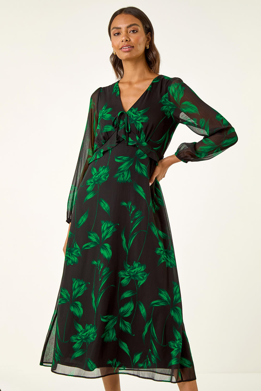 Roman Women's Green Floral Frill Chiffon Midi Dress Size 12