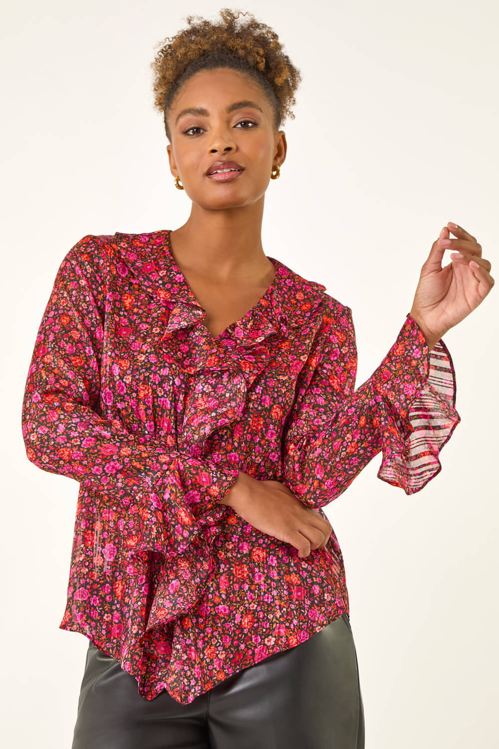 PINK Floral Frill Metallic Blouse, Image 5 of 5