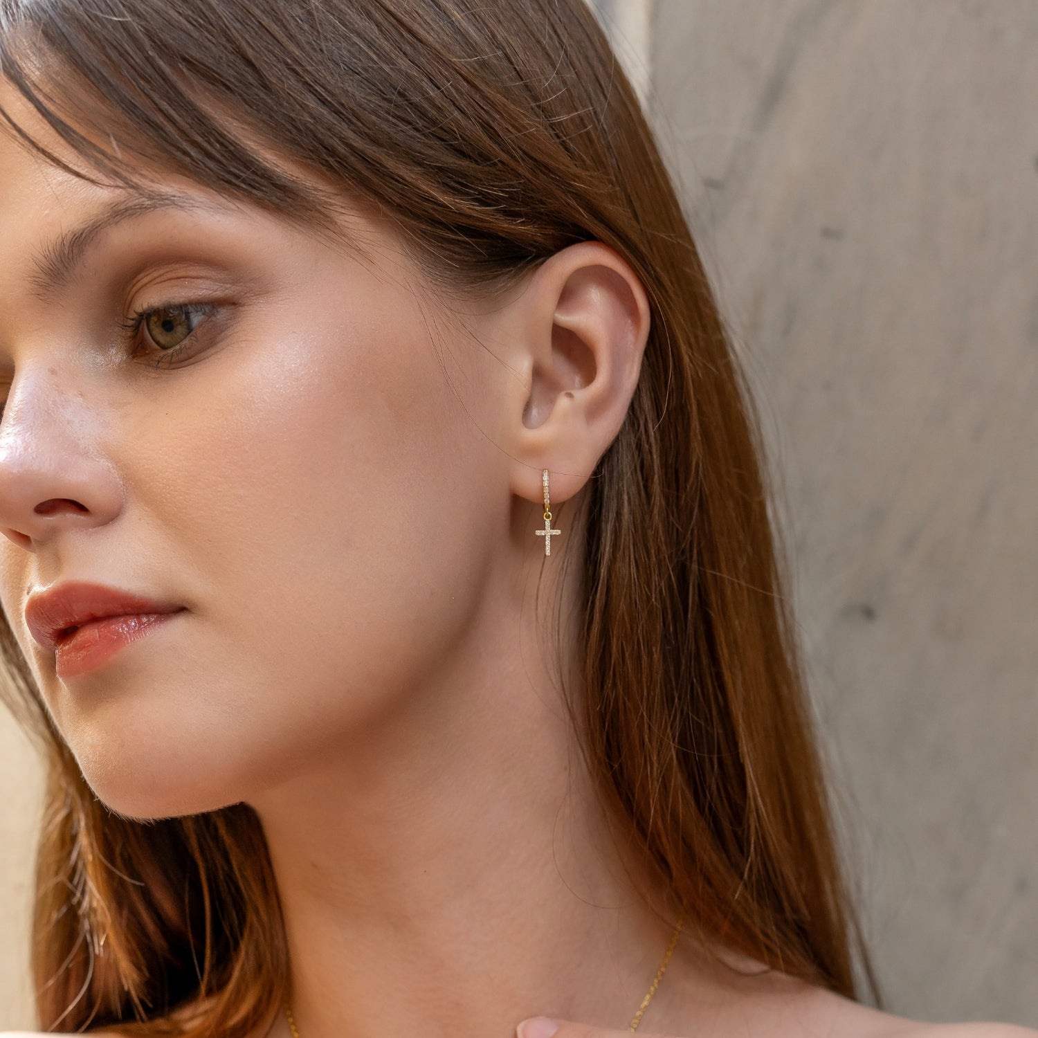 Gold Sterling Silver Huggie Pave Cross Drop Earring, Image 4 of 7