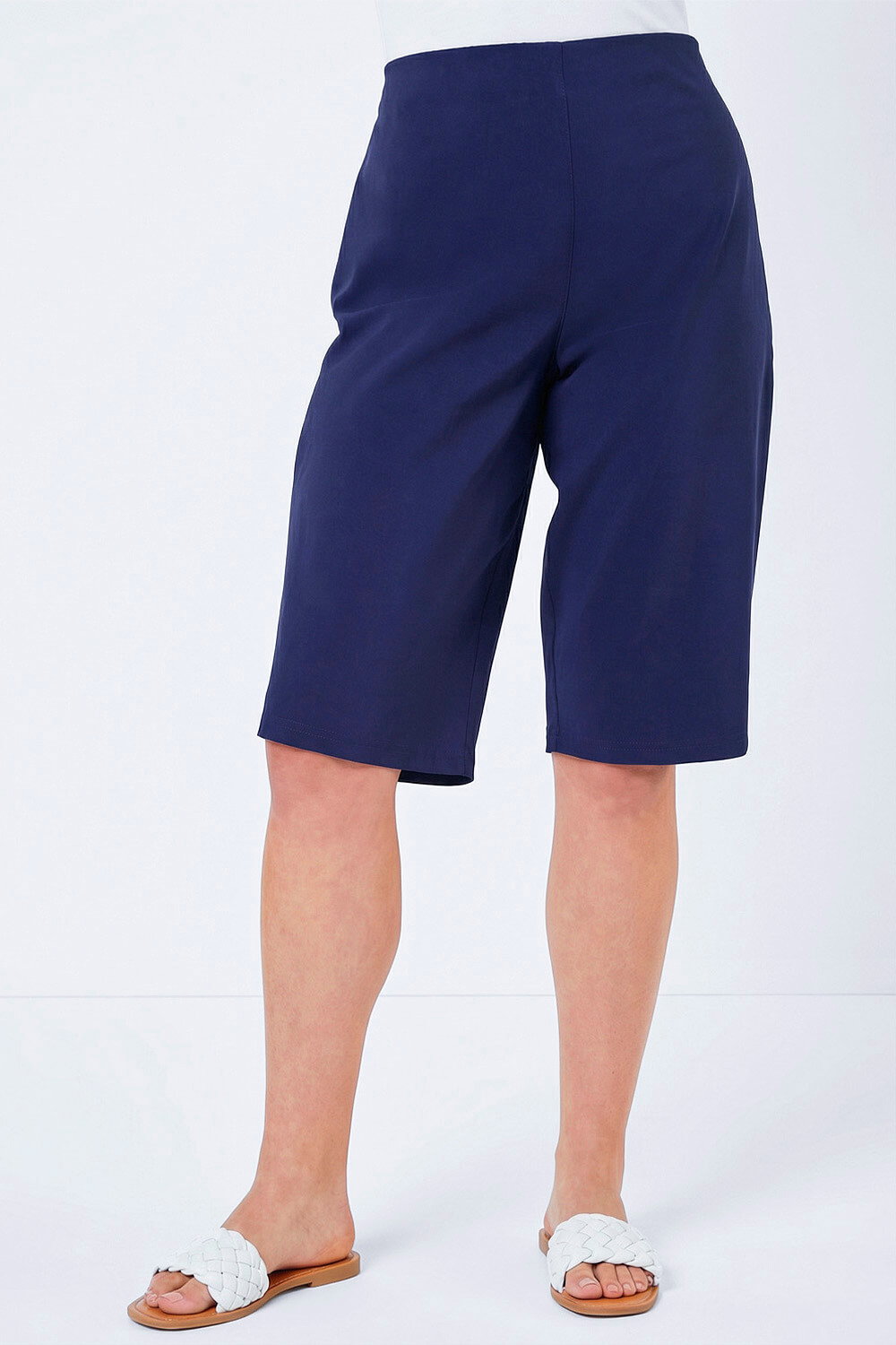 Navy Curve Knee Length Stretch Shorts, Image 3 of 4