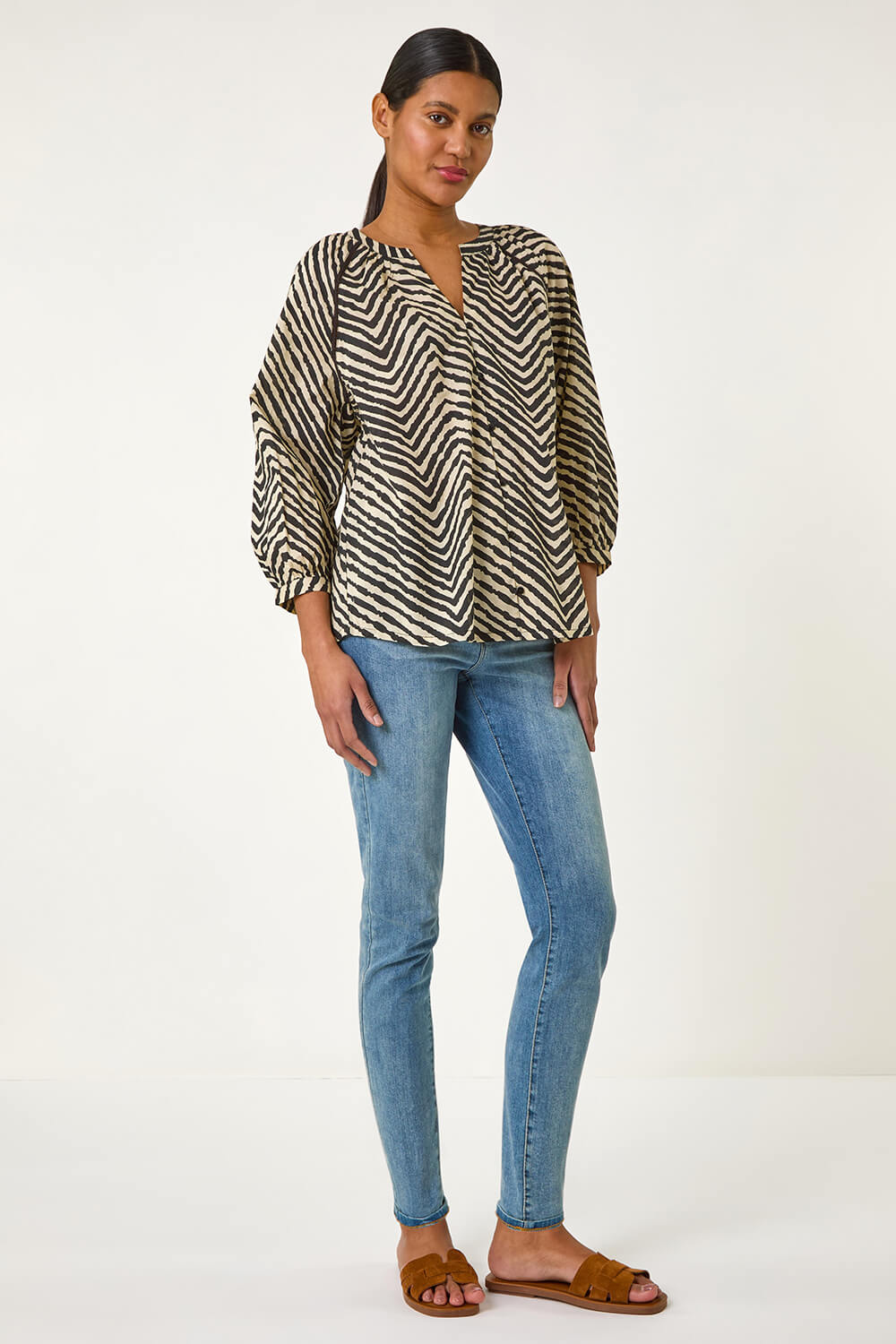 Black Linear Print V-Neck Blouse, Image 3 of 5
