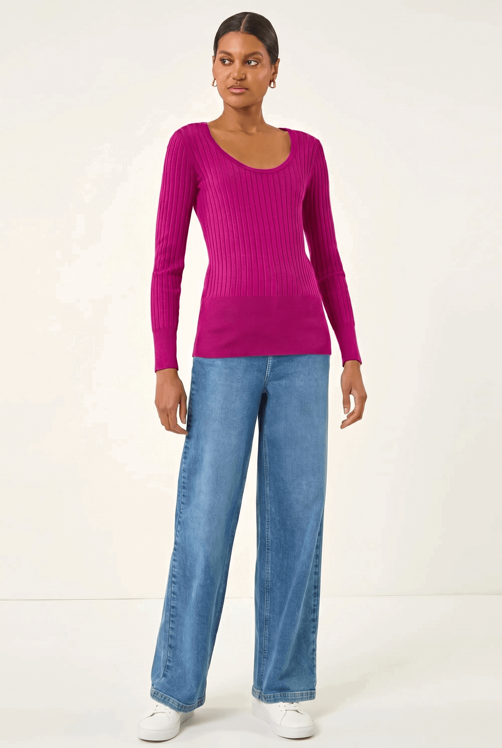 Magenta Scoop Neck Ribbed Knit Jumper, Image 3 of 5