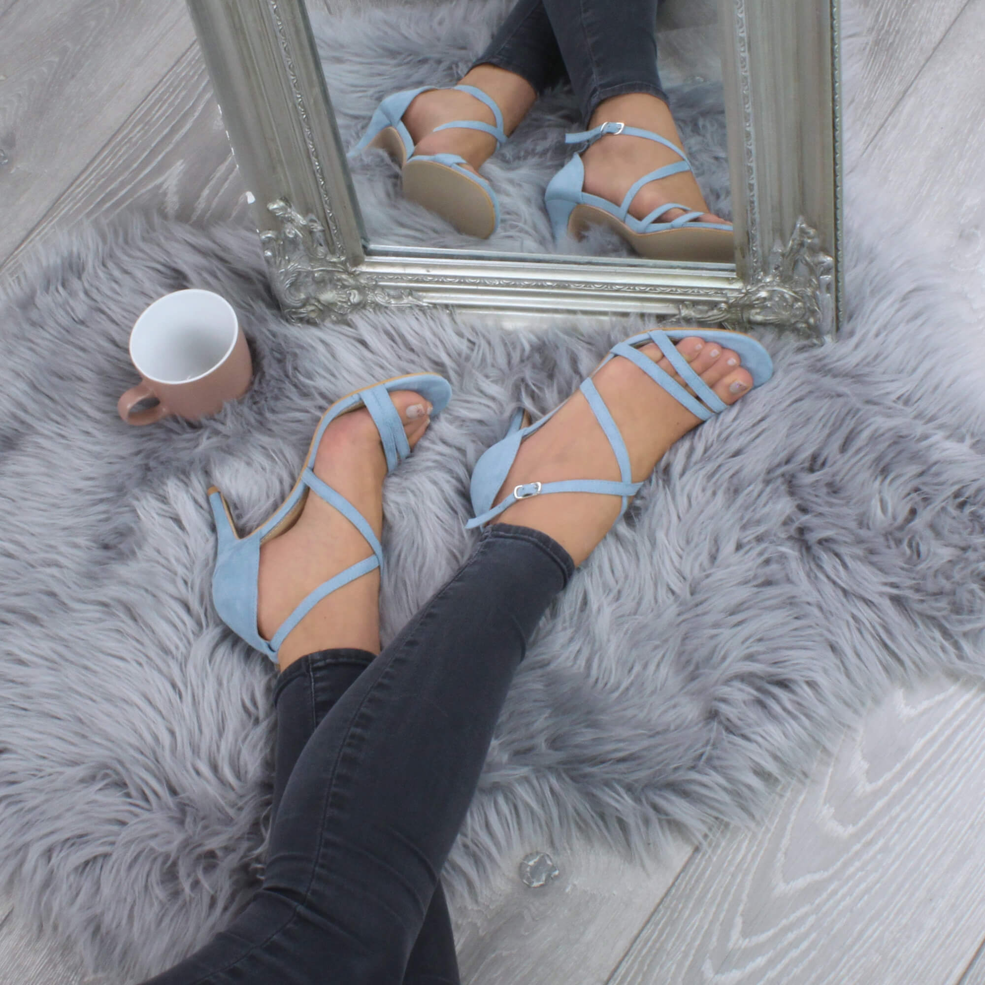Light Blue AJVANI Light Blue High Heel Crossed Straps Buckle Strappy Sandals, Image 5 of 6