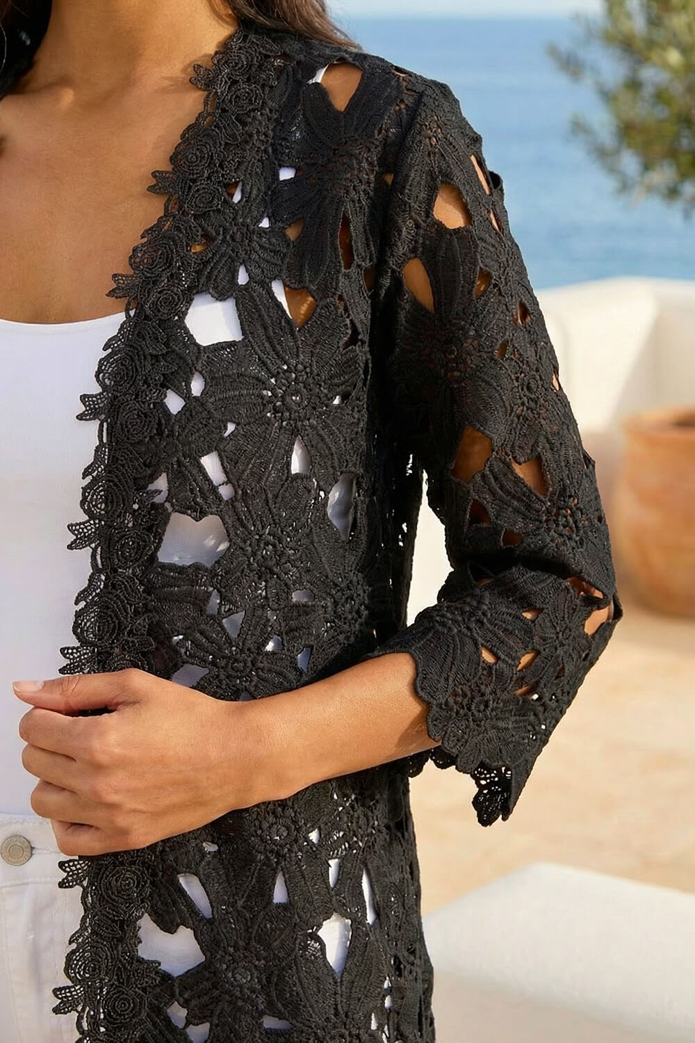 Black Crochet Lace Longline Jacket, Image 5 of 4