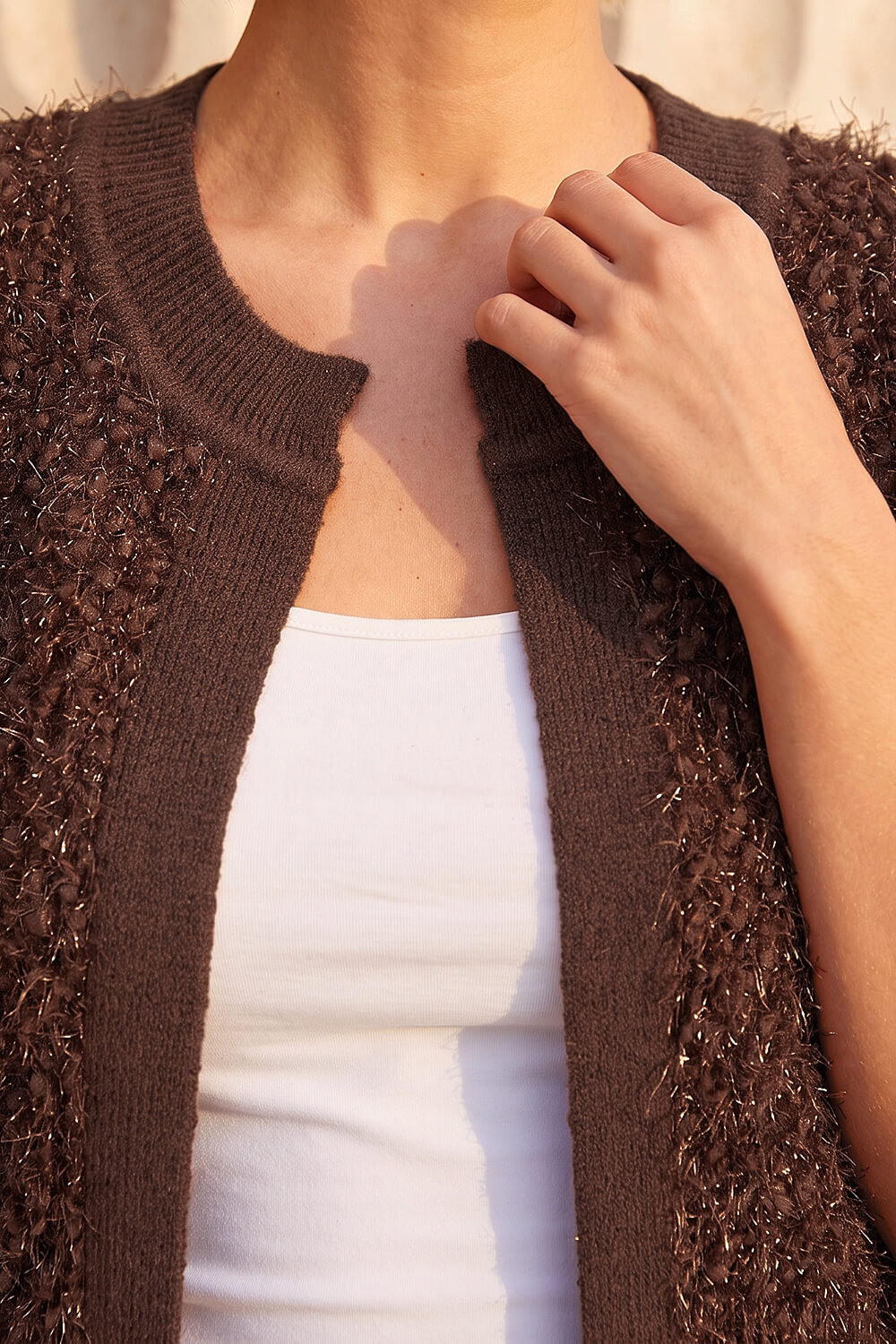 Chocolate Fluffy Shimmer Knit Waistcoat, Image 5 of 4