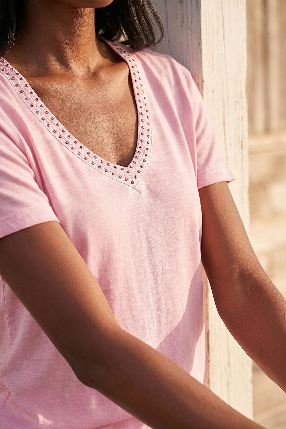Light Pink Bead Trim Detail V-Neck Top, Image 5 of 4