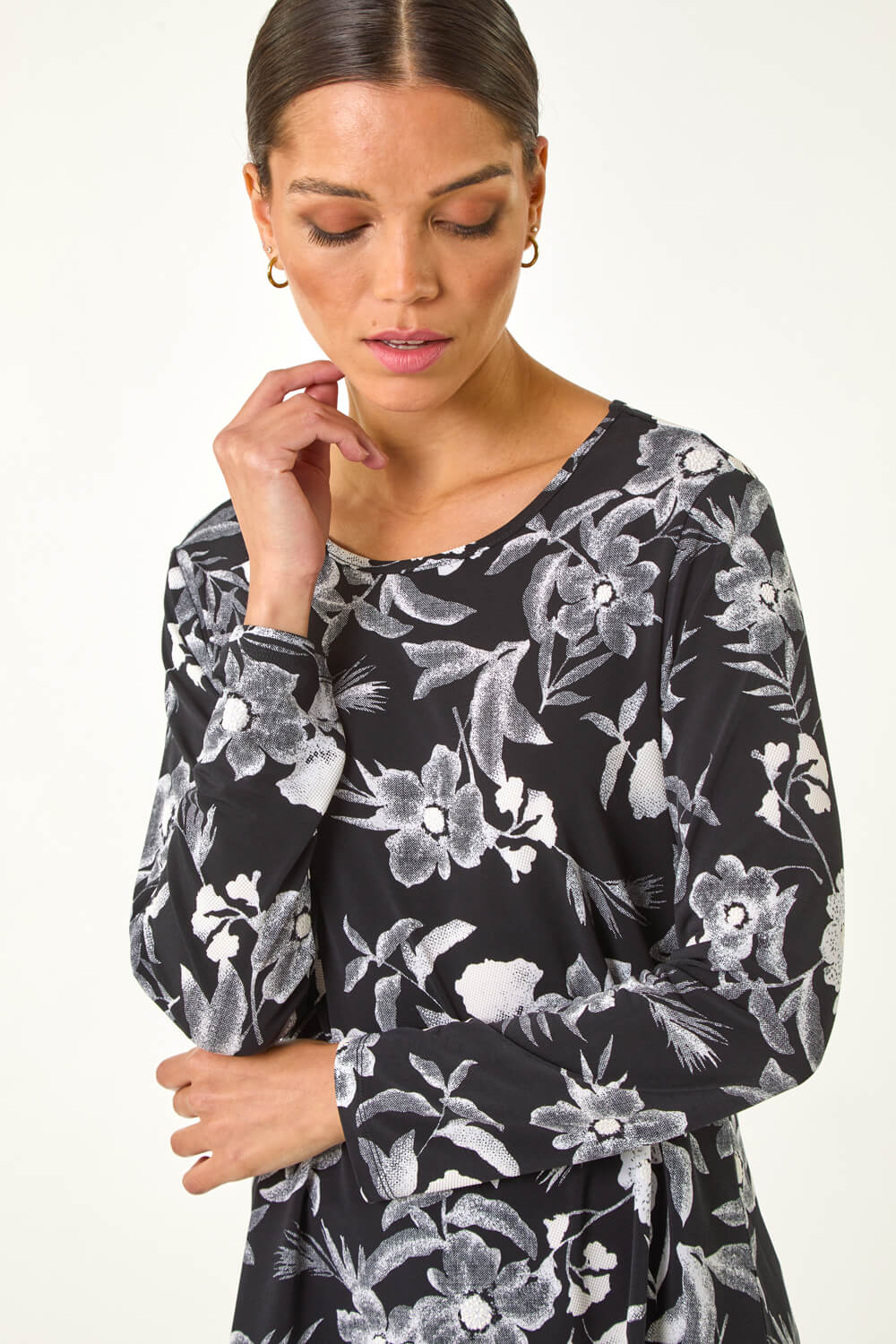 Black Floral Print Chiffon Hem Stretch Top, Image 5 of 5