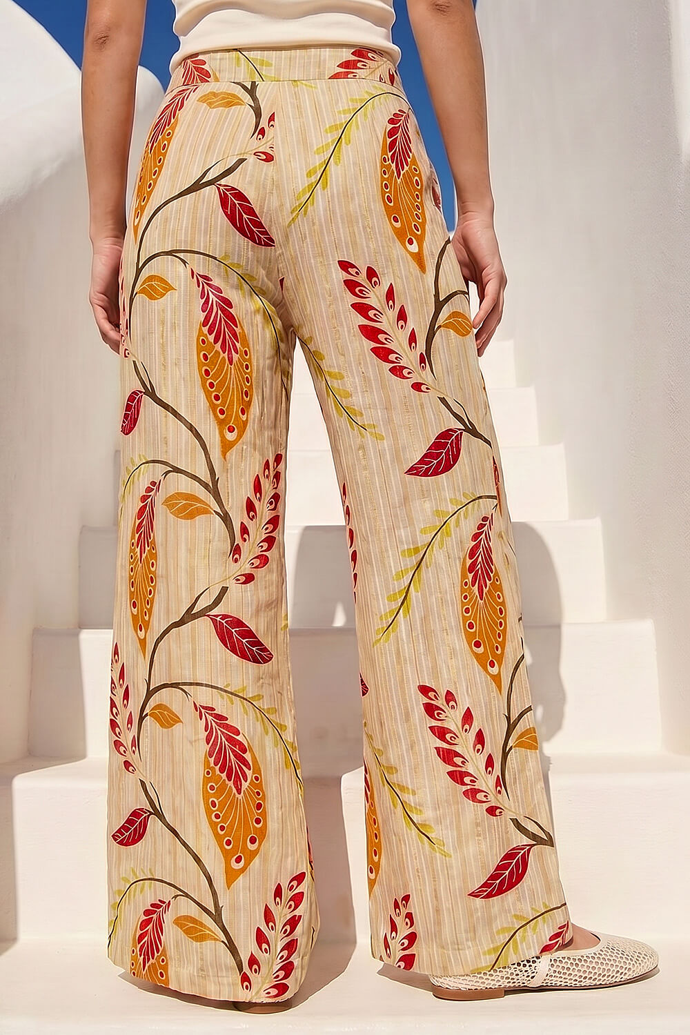 Orange Textured Leaf Print Metallic Trouser, Image 4 of 4