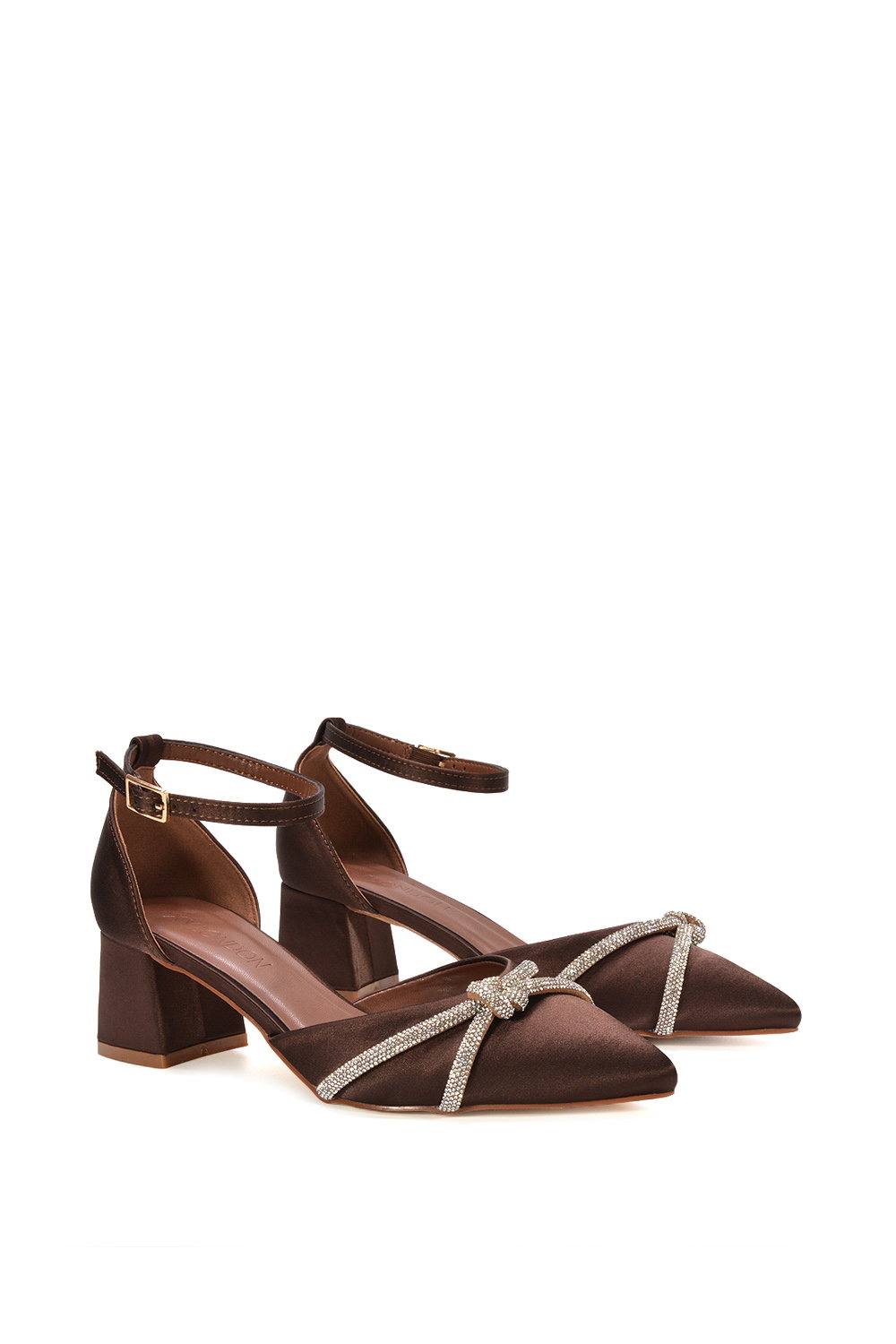 Brown XY LONDON Brown 'Sarah' Ankle Strap Pointed Toe Diamante Mid Block Heels, Image 4 of 6