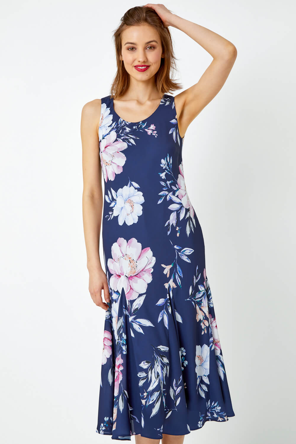 Navy Sleeveless Floral Bias Chiffon Midi Dress, Image 5 of 5