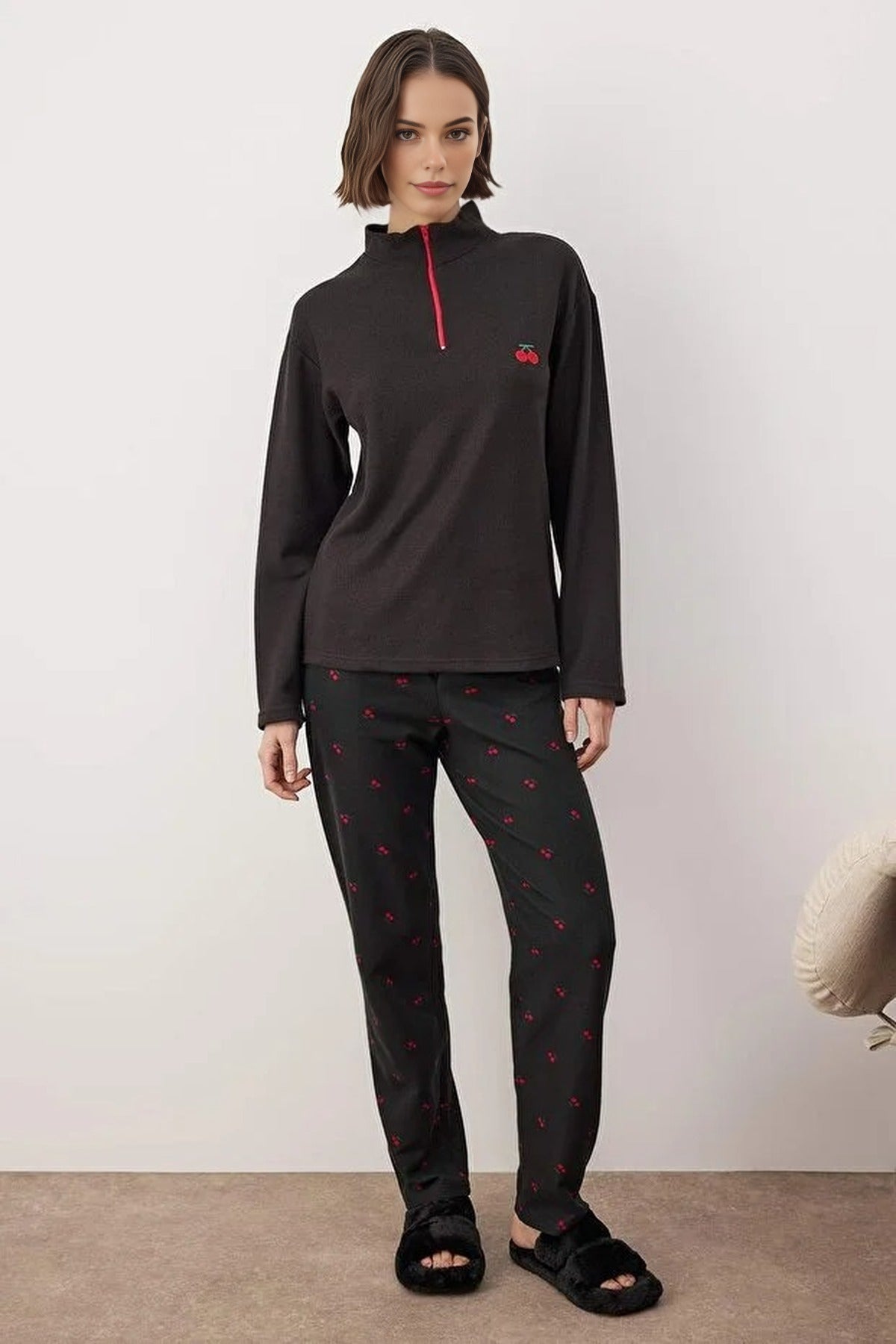Black WOVCOR Black Cherry Embroidered Zip Neck Long Sleeve Waffle Knit Pyjama Set, Image 1 of 3