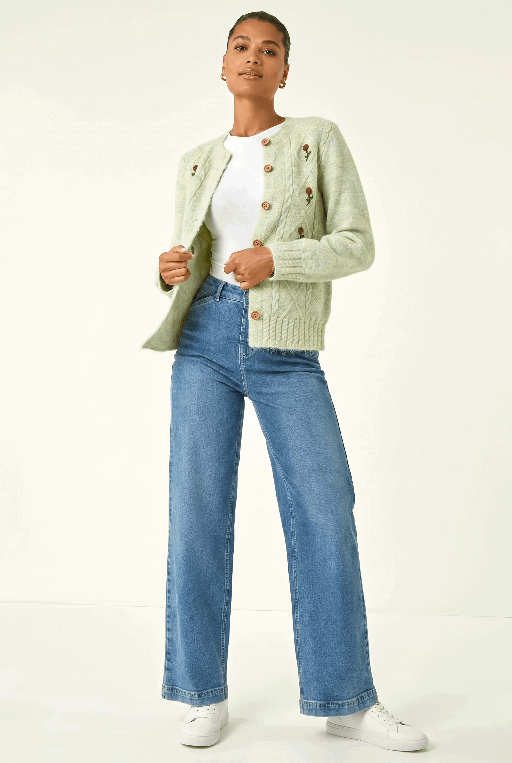 Pale Green Embroidered Floral Knit Cardigan, Image 3 of 5