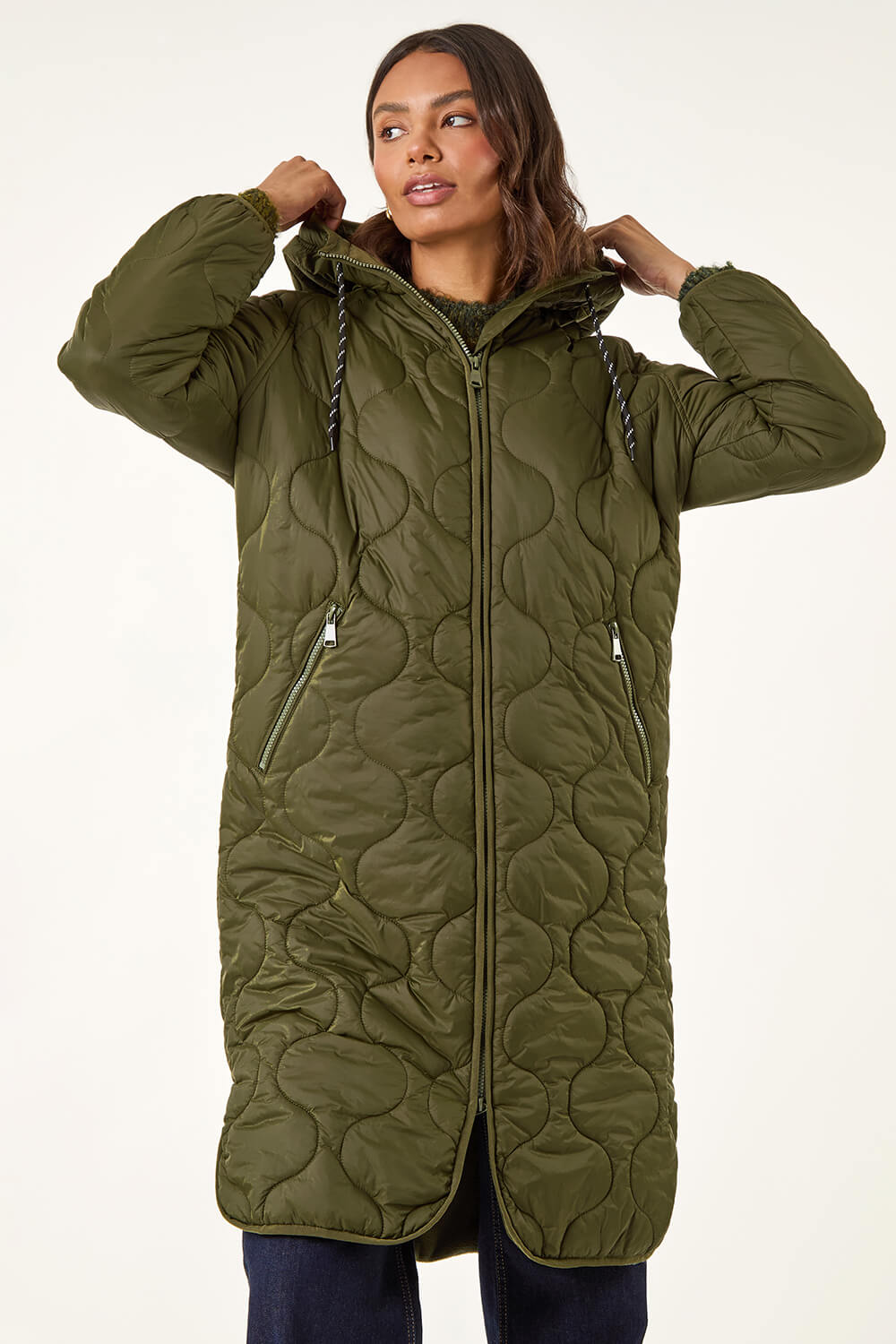 Khaki Fleece Lined Quilted Hooded Coat, Image 6 of 6
