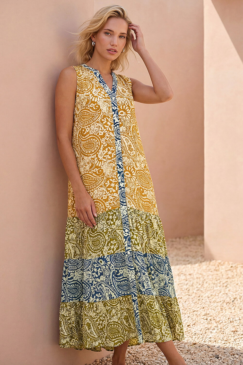 Amber Patchwork Print Tiered Maxi Dress, Image 1 of 4
