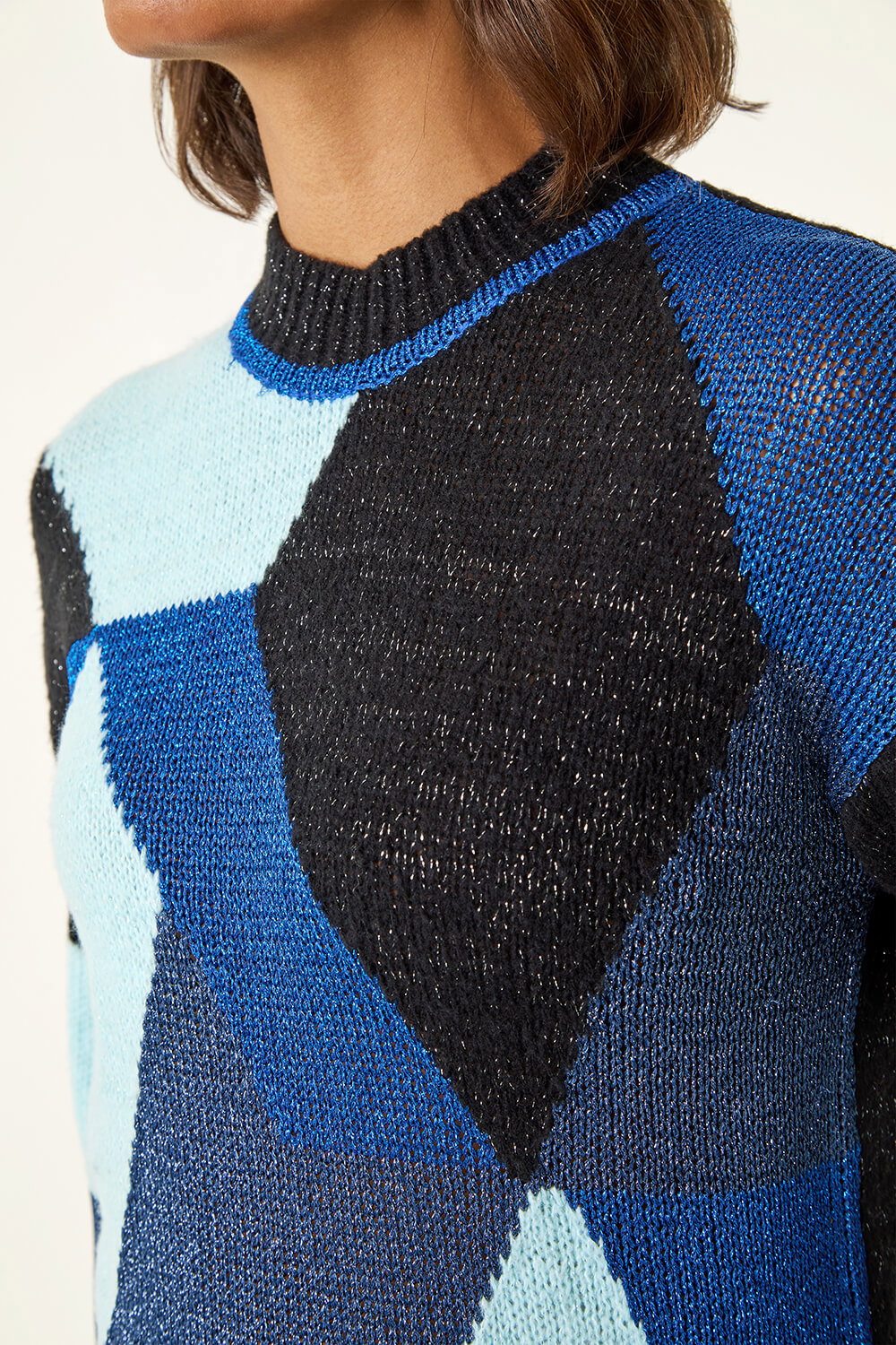 Blue Metallic Colour Block Knit Jumper, Image 6 of 5
