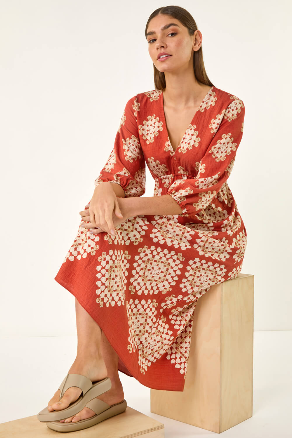 Rust Geo Print V-Neck Midi Dress, Image 1 of 5
