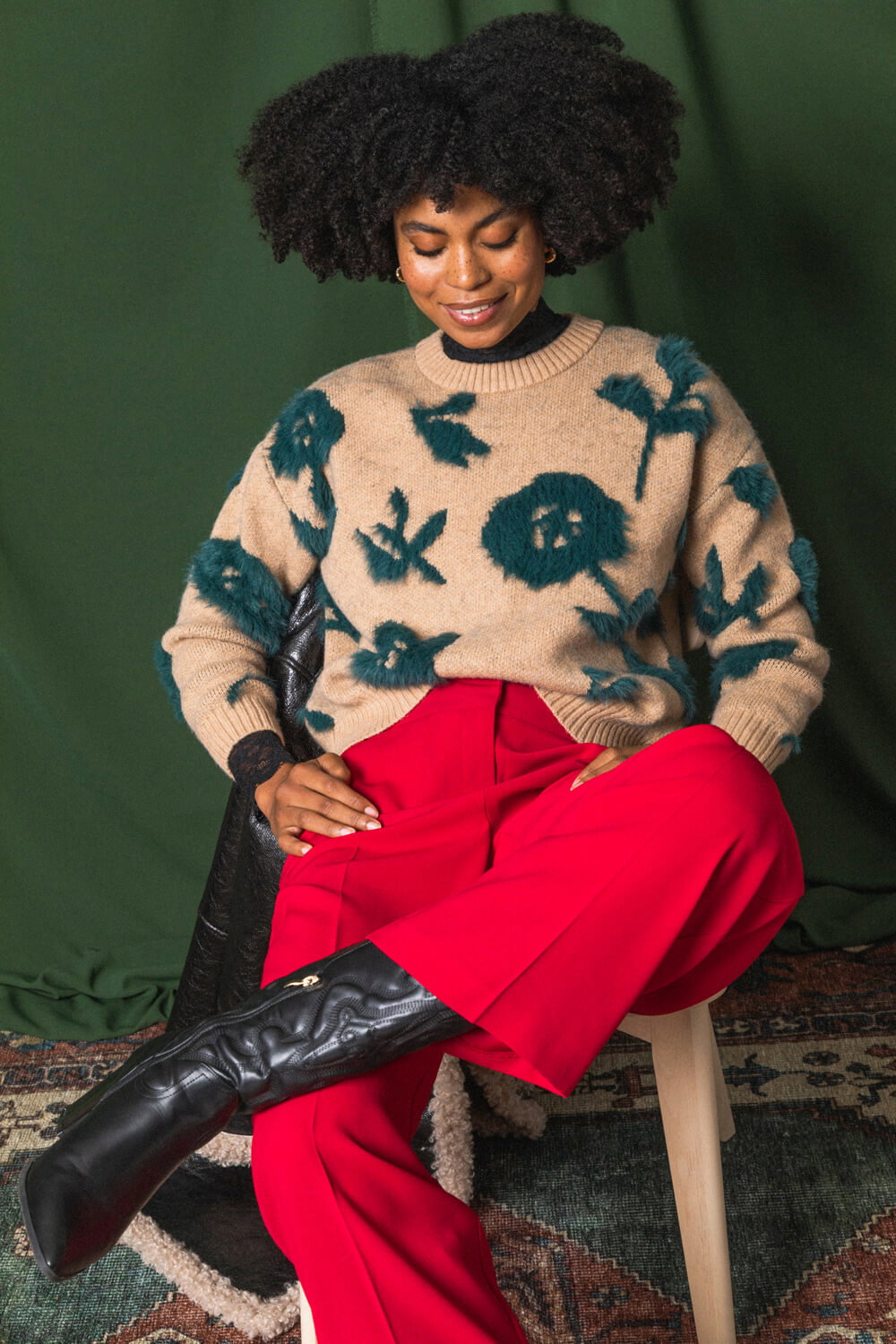 Beige Fluffy Floral Knit Jumper, Image 1 of 7