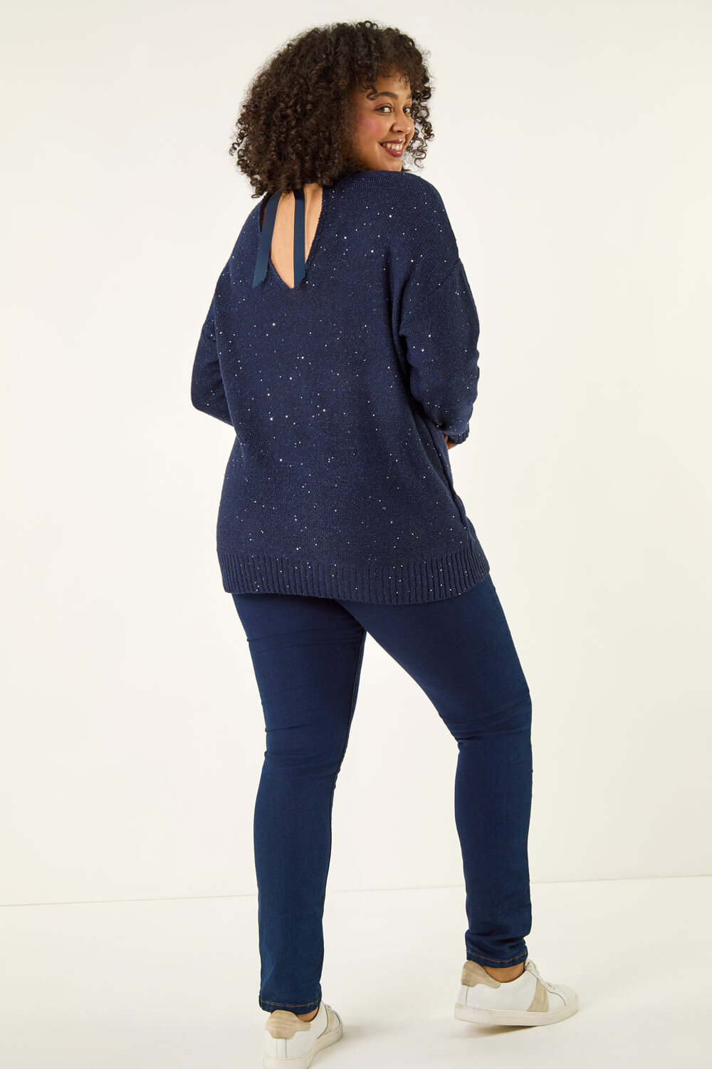 Roman Curve Women's Navy Hotfix Longline Knit Jumper Size 18