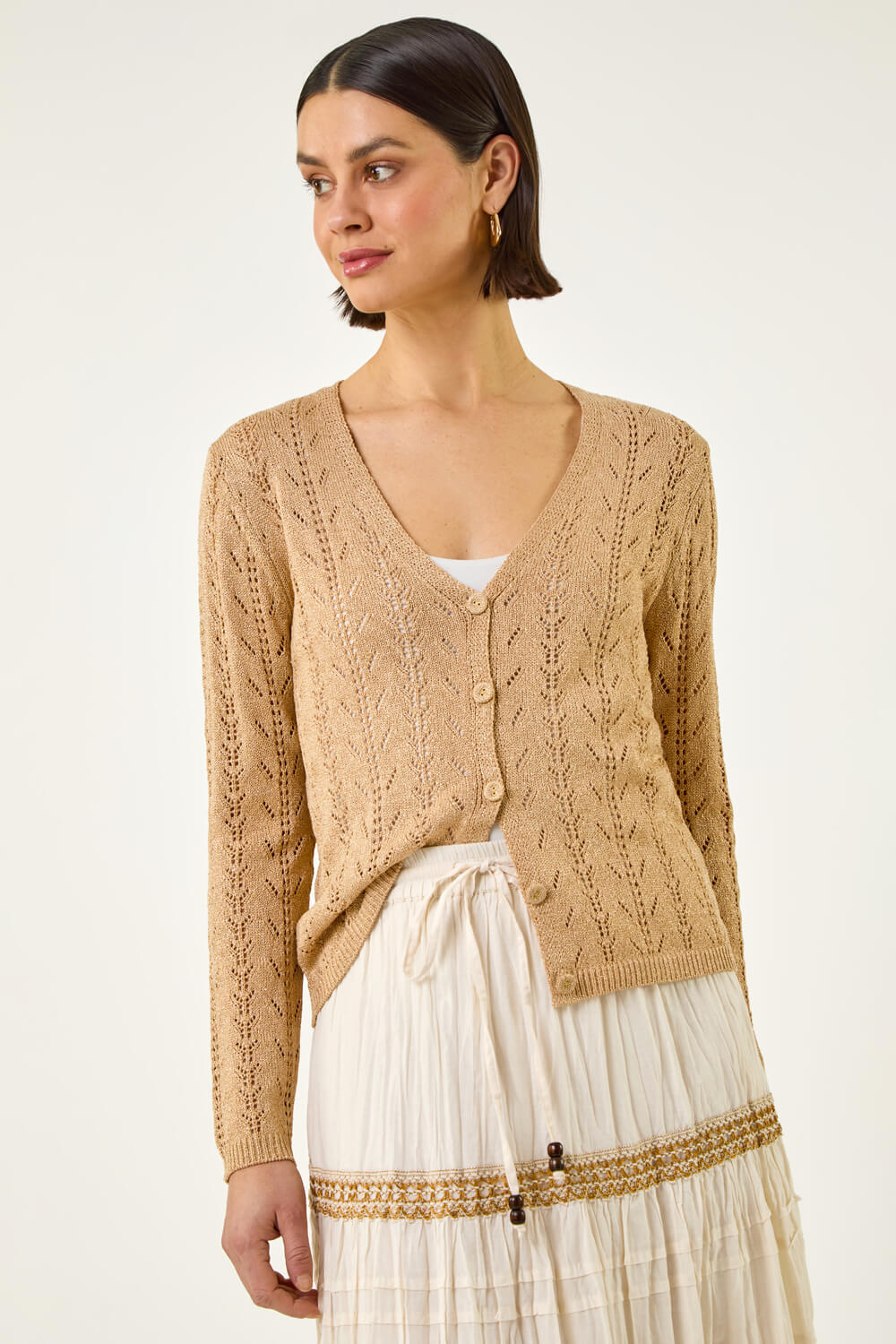 Beige Shimmer Button Knit Cardigan, Image 6 of 6