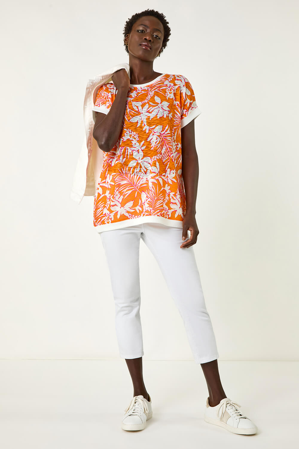 Orange Floral Print Sparkly Stretch Top, Image 3 of 5