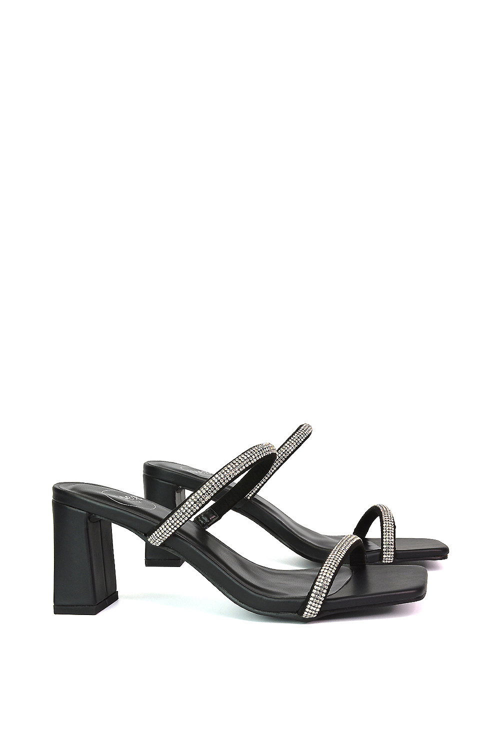 Black 'Holden' Diamante Strap Square Toe Mid Block Heel Sandal Mules, Image 2 of 5