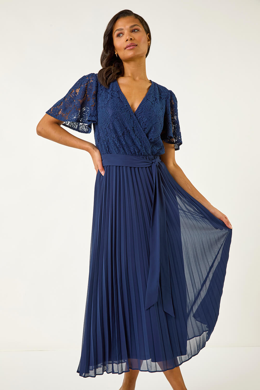 Navy Lace Detail Wrap Midi Dress, Image 3 of 5