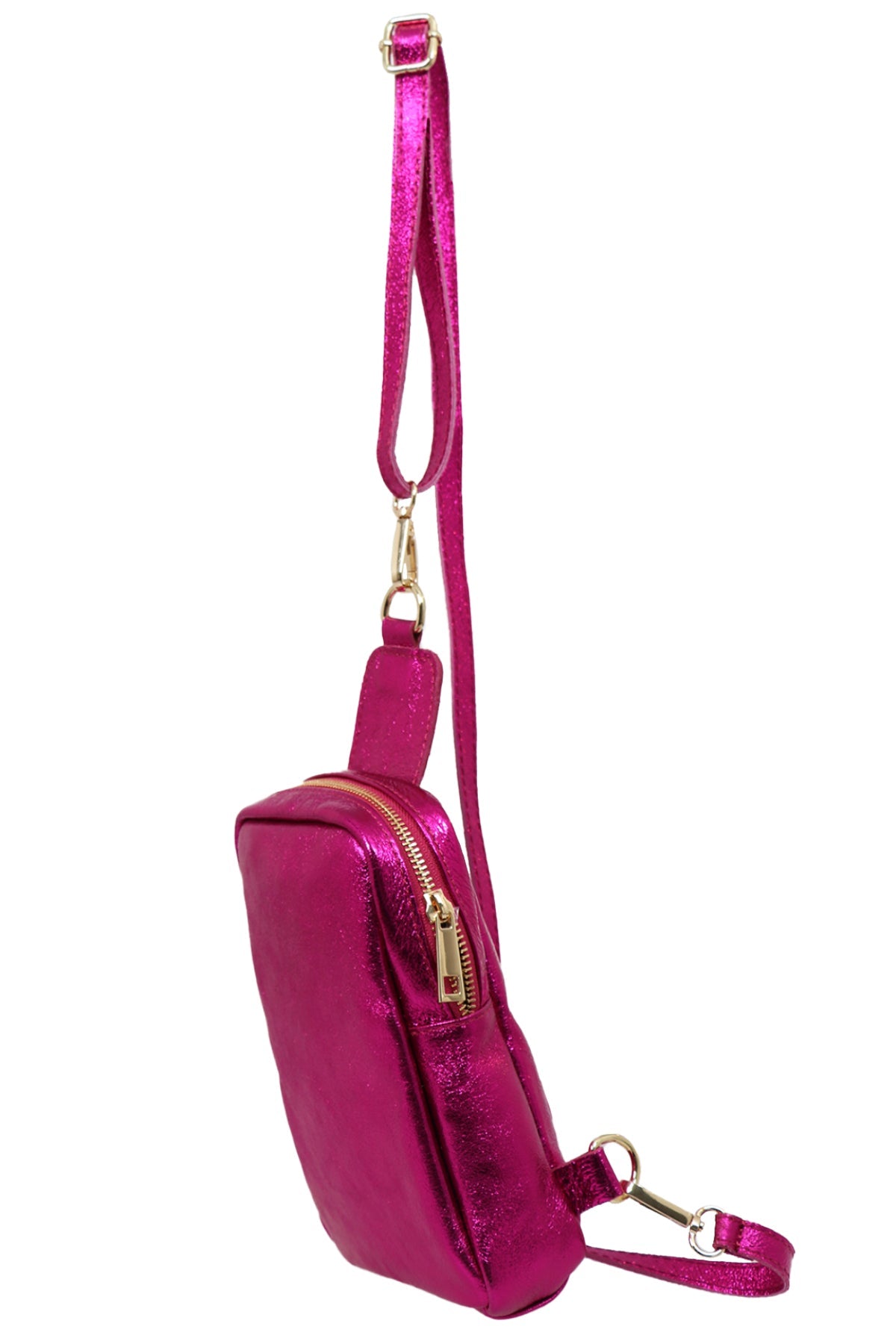 Raspberry Metallic Leather Crossbody Sling Bag, Image 2 of 2