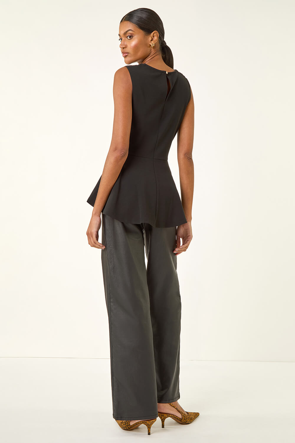 Black Lace Ponte Peplum Top, Image 4 of 5