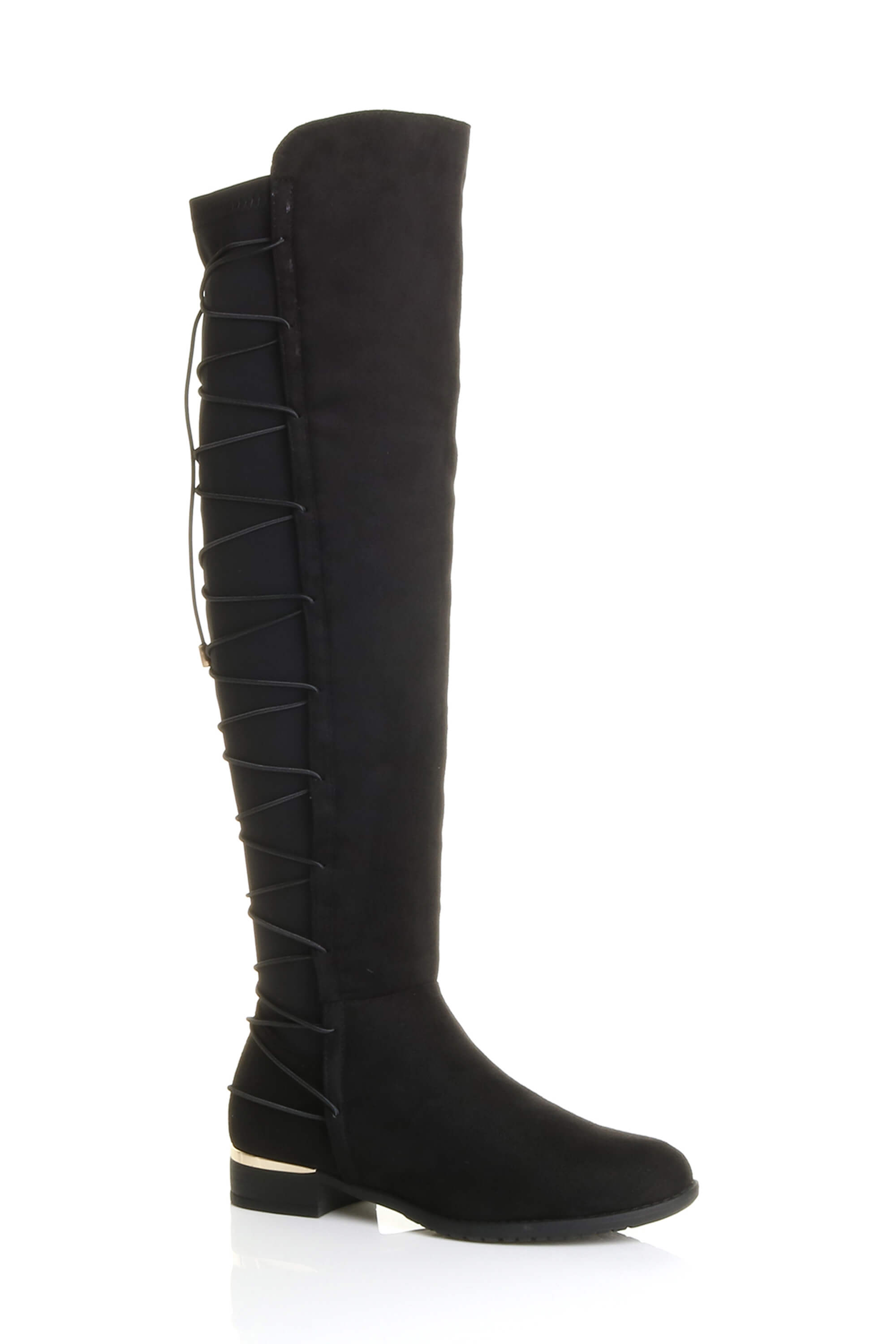 Black Elastic Tie Up Riding Knee High Boots, Image 1 of 6