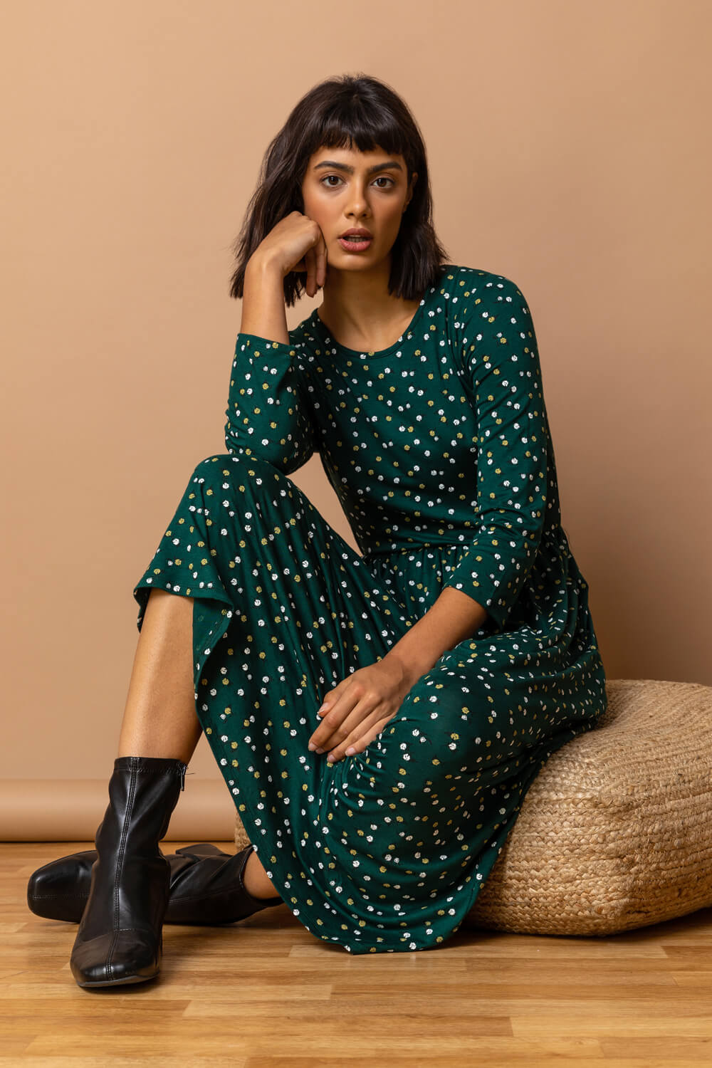 Dark Green Ditsy Floral Print Midi Dress, Image 6 of 5