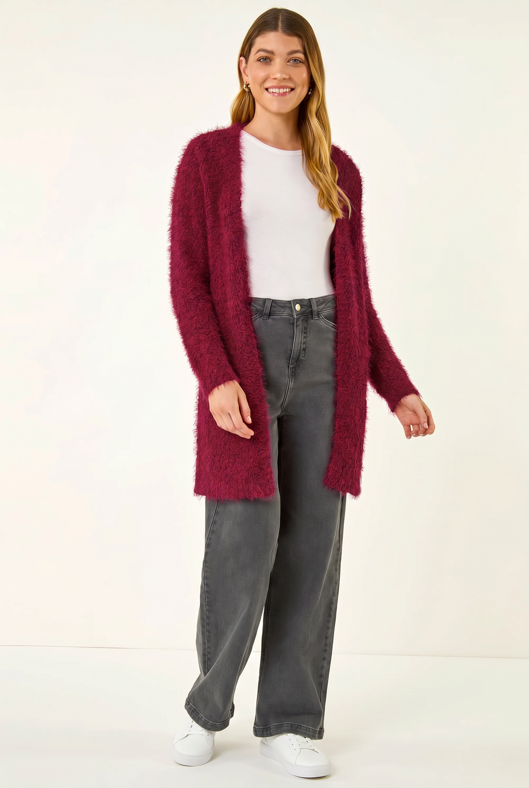 Red Textured Longline Knit Cardigan, Image 3 of 5