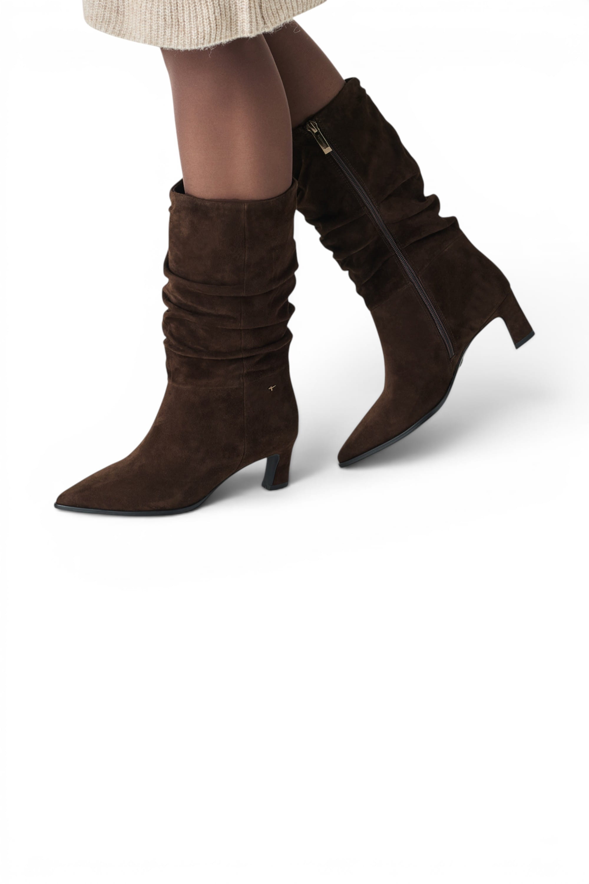 Dark Brown Suede Mid-Calf Heeled Long Boots, Image 6 of 8