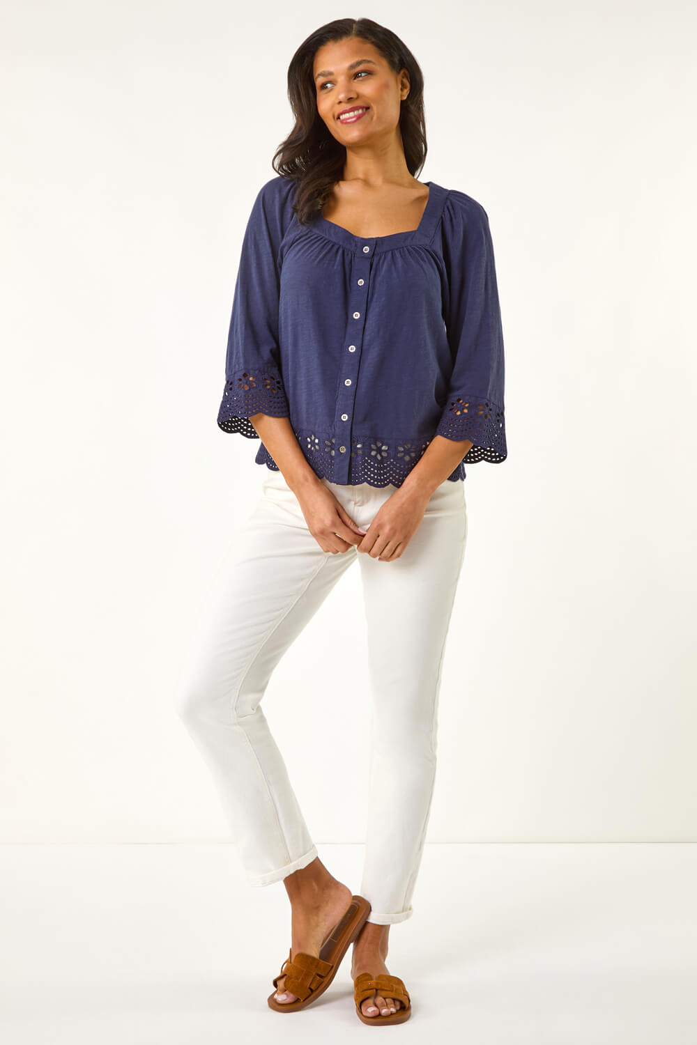 Navy Button Up Broderie Stretch Blouse, Image 3 of 5