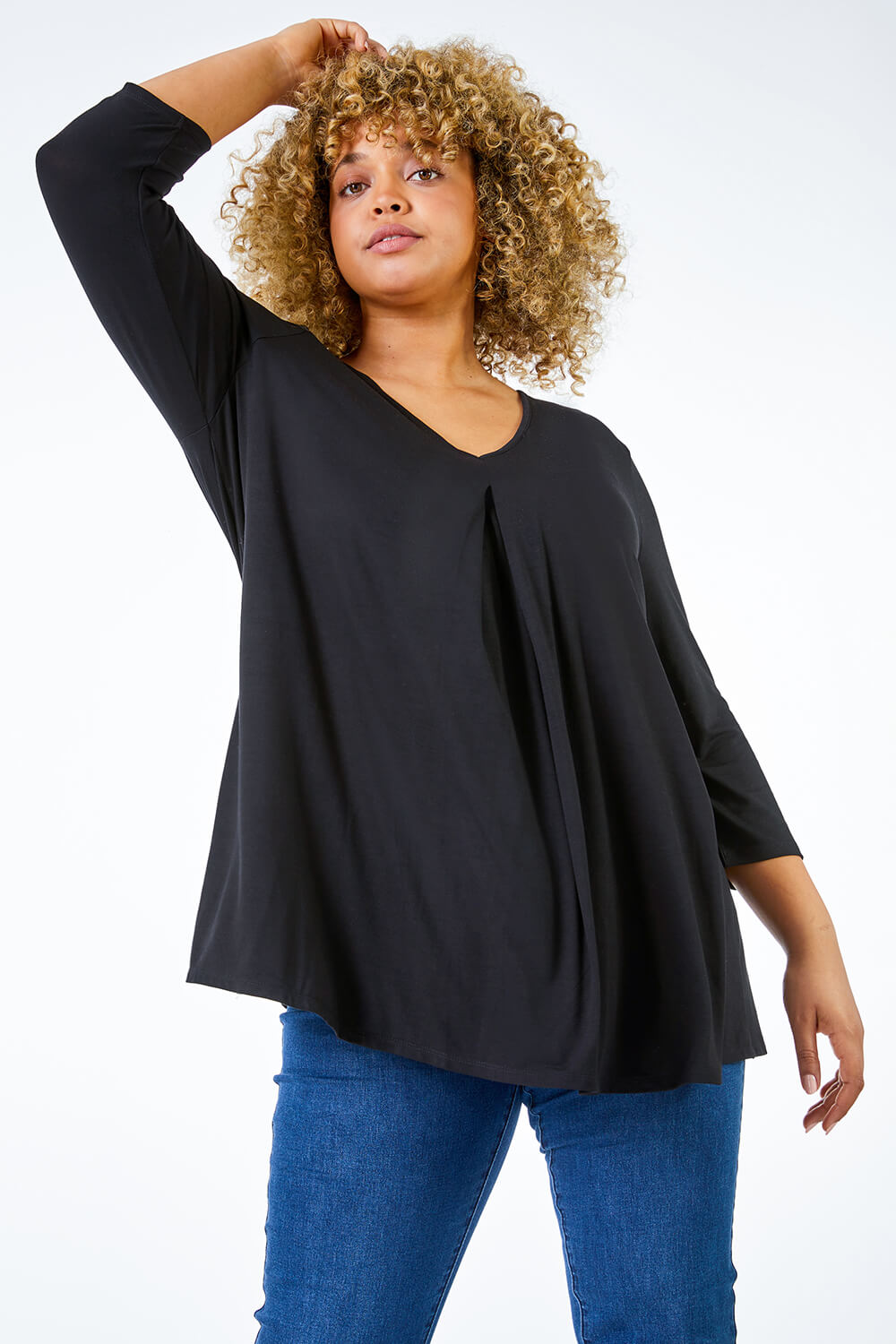 Black Curve Pleat Front Stretch Top, Image 1 of 5