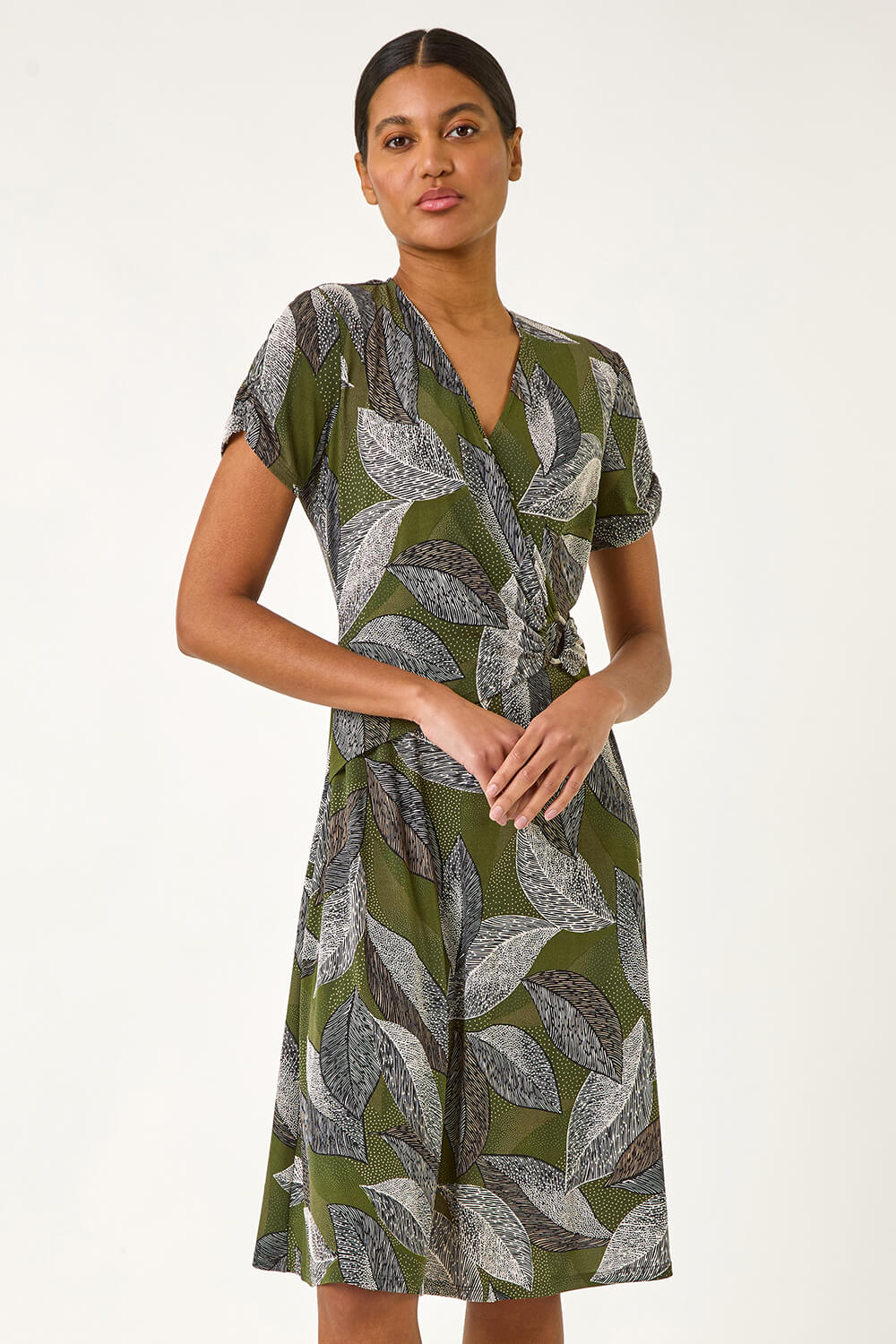 KHAKI Leaf Print Ring Detail Midi Dress, Image 3 of 5