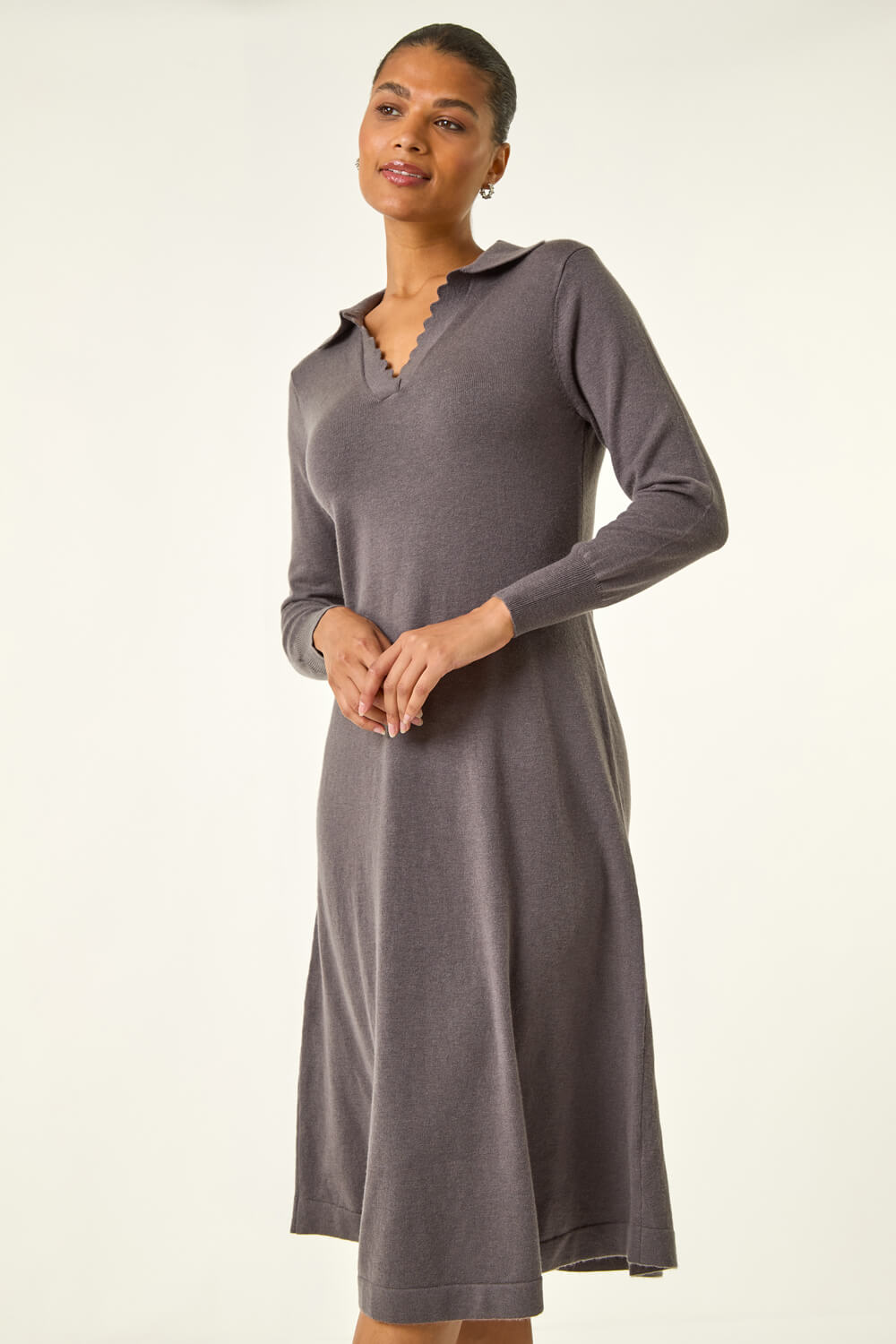 Dark Grey Scallop Detail Knitted Midi Dress, Image 3 of 5