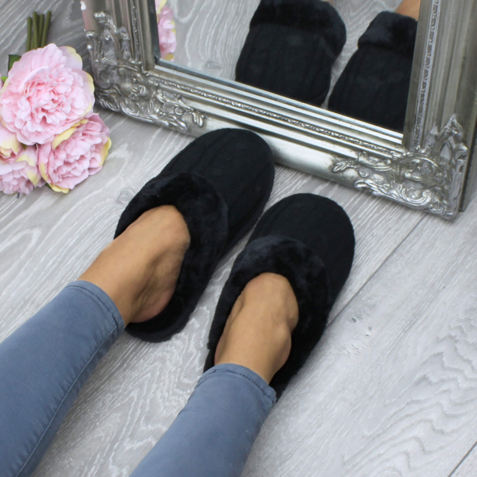 Black AJVANI Black Faux Fur Lined Slip On Memory Foam Mules Slippers, Image 4 of 5
