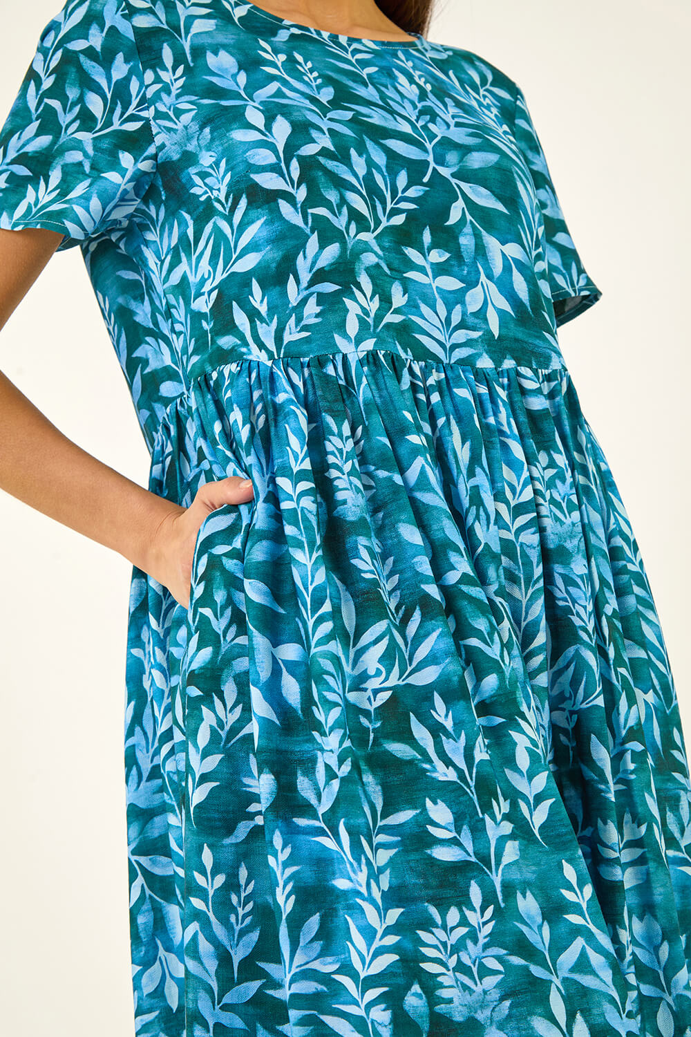 Blue Leaf Print Smock Midi Dress, Image 6 of 5