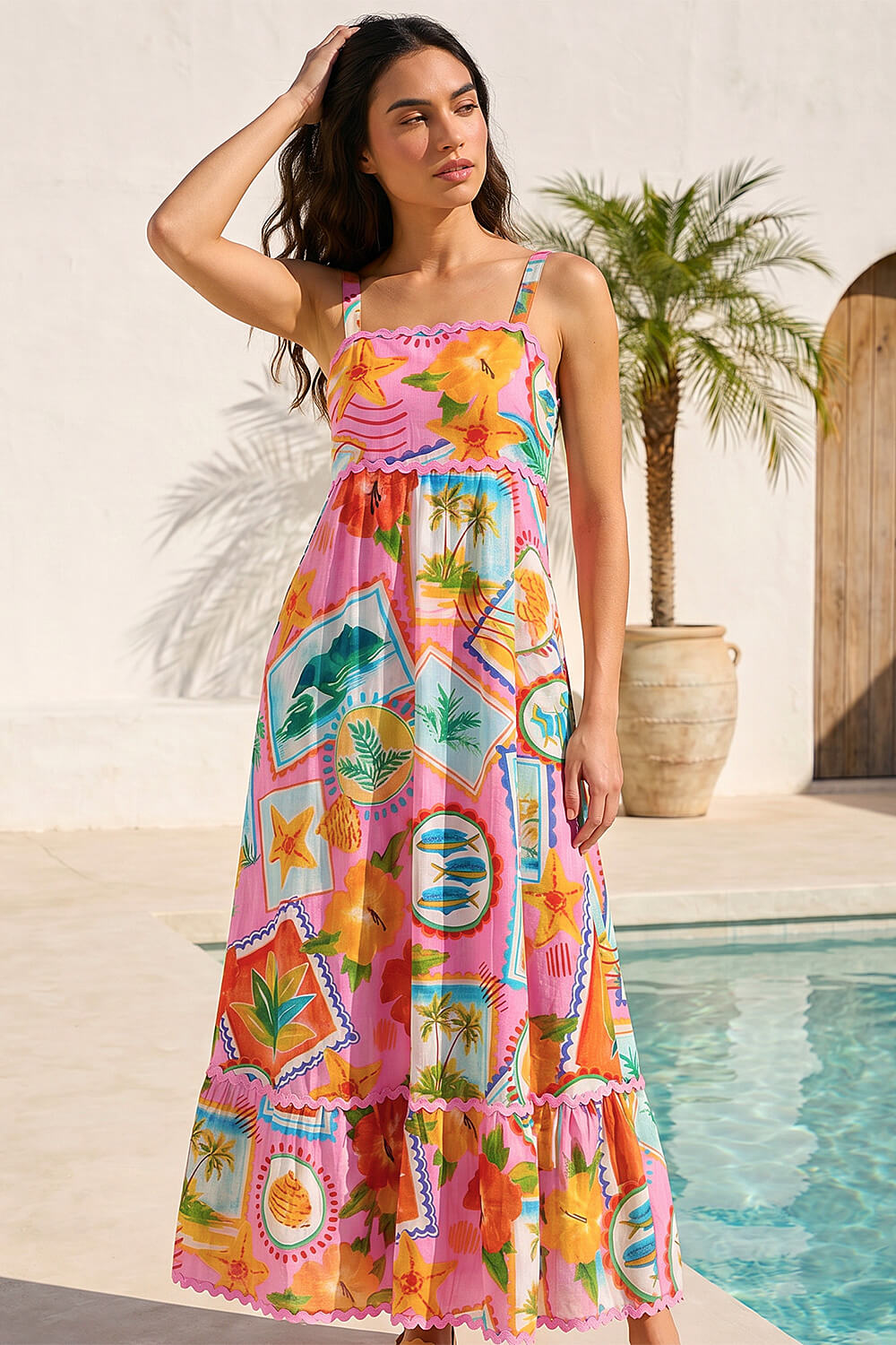 Pink Postcard Print Ric Rac Maxi Dress , Image 1 of 4