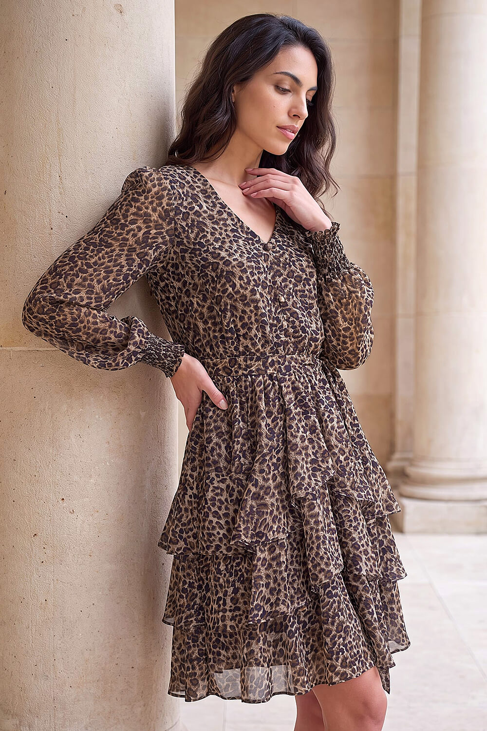 Dusk Women's Camel Animal Print Tie Waist Dress Size 16