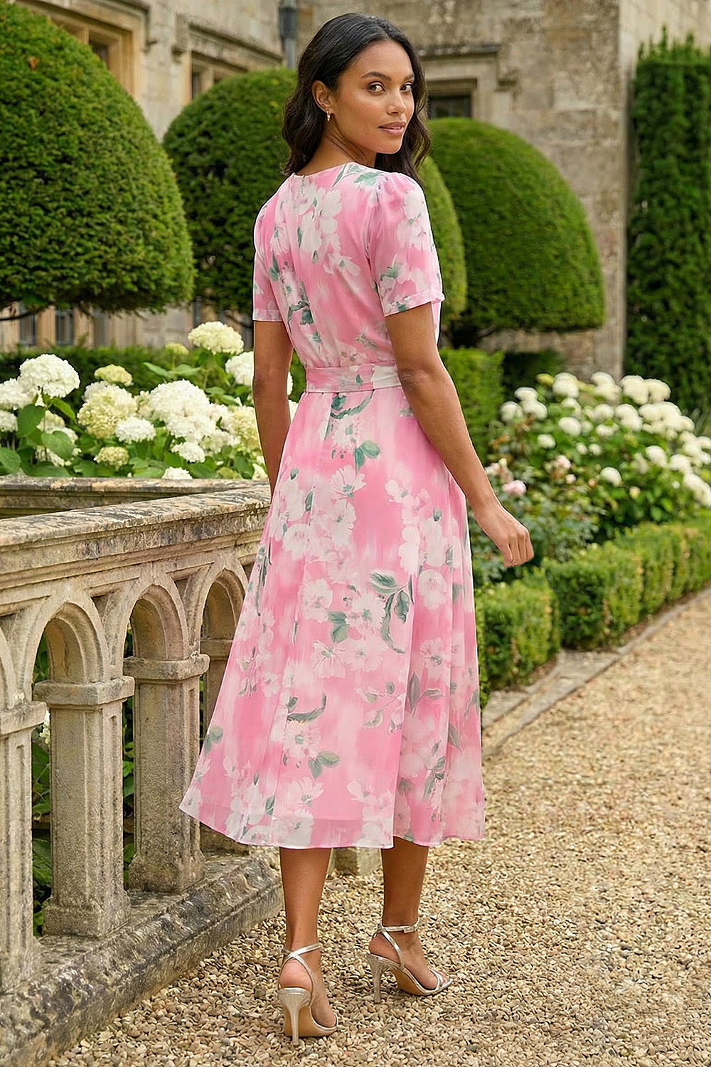 Pink Floral Print Pleat Neck Midi Dress | Roman UK