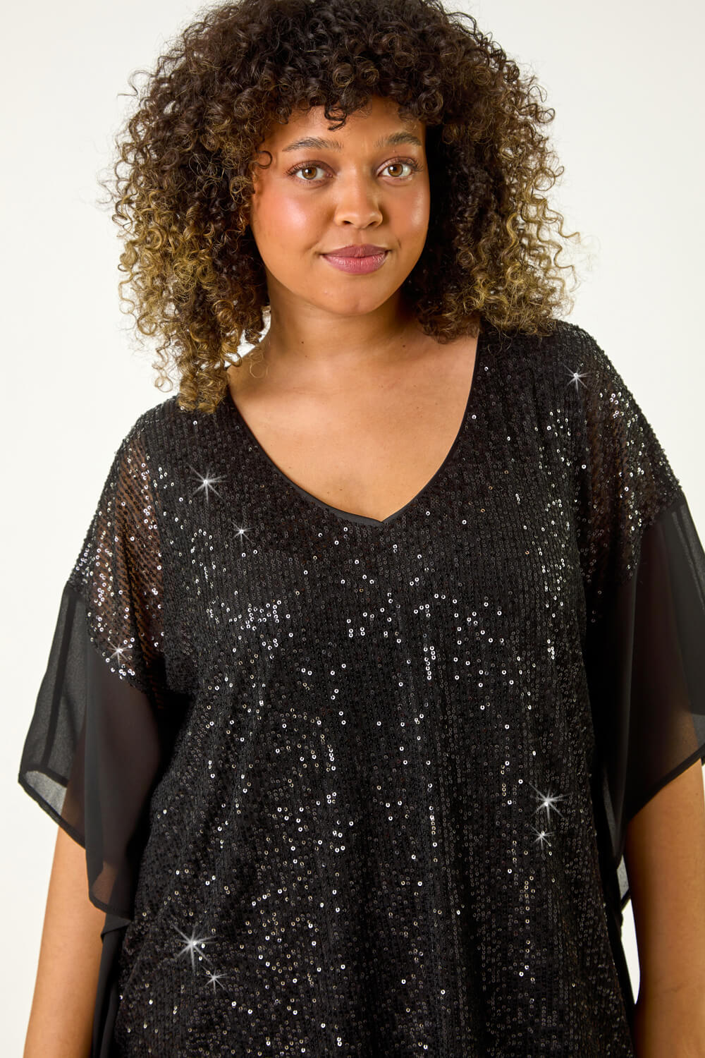 Black Curve Full Sequin Chiffon Overlay Top, Image 5 of 5