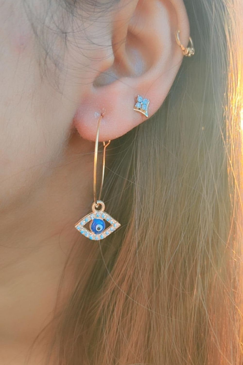 Gold Large Evil Eye Zircon Dangle Hoop Earrings, Image 2 of 7