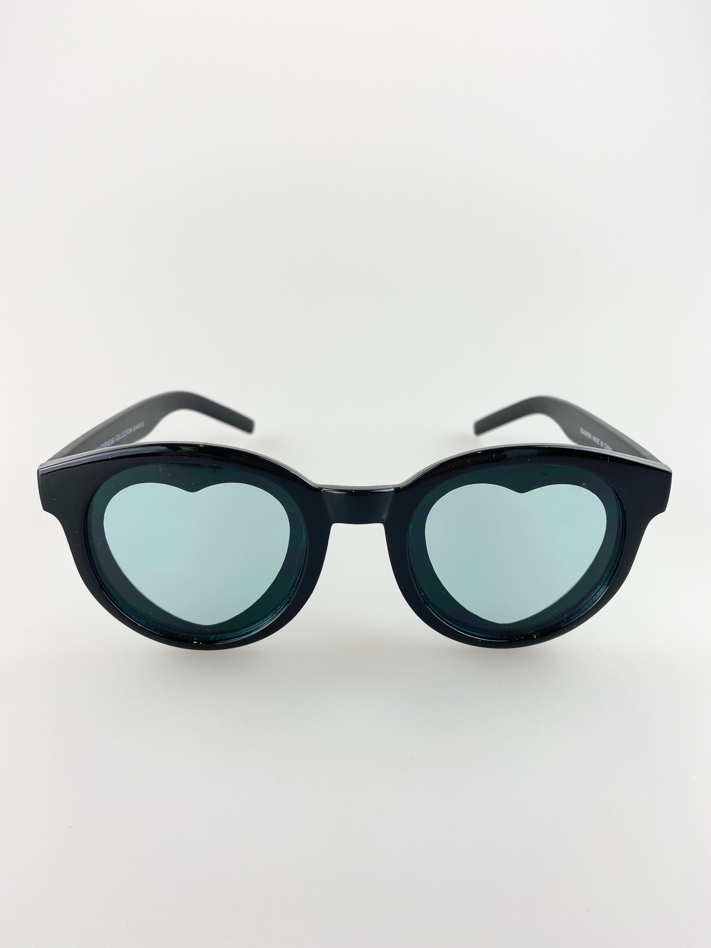 Black Plastic Round Frame Sunglasses with Heart Lenses, Image 1 of 3