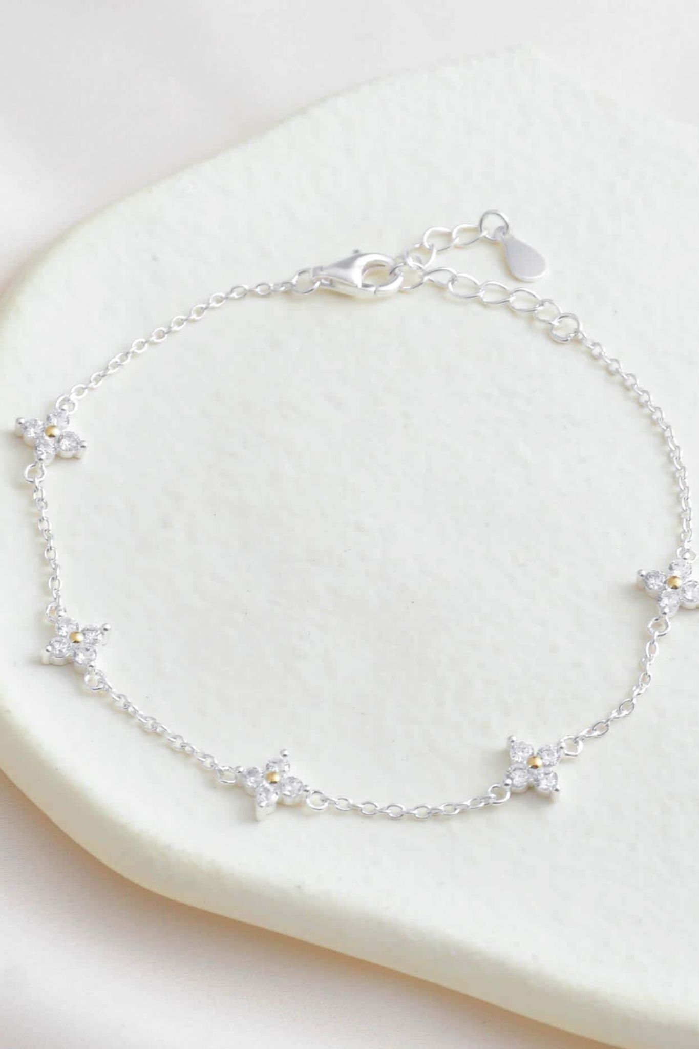 Metallic Sterling Silver Cz Dainty Flower Charm Bracelet