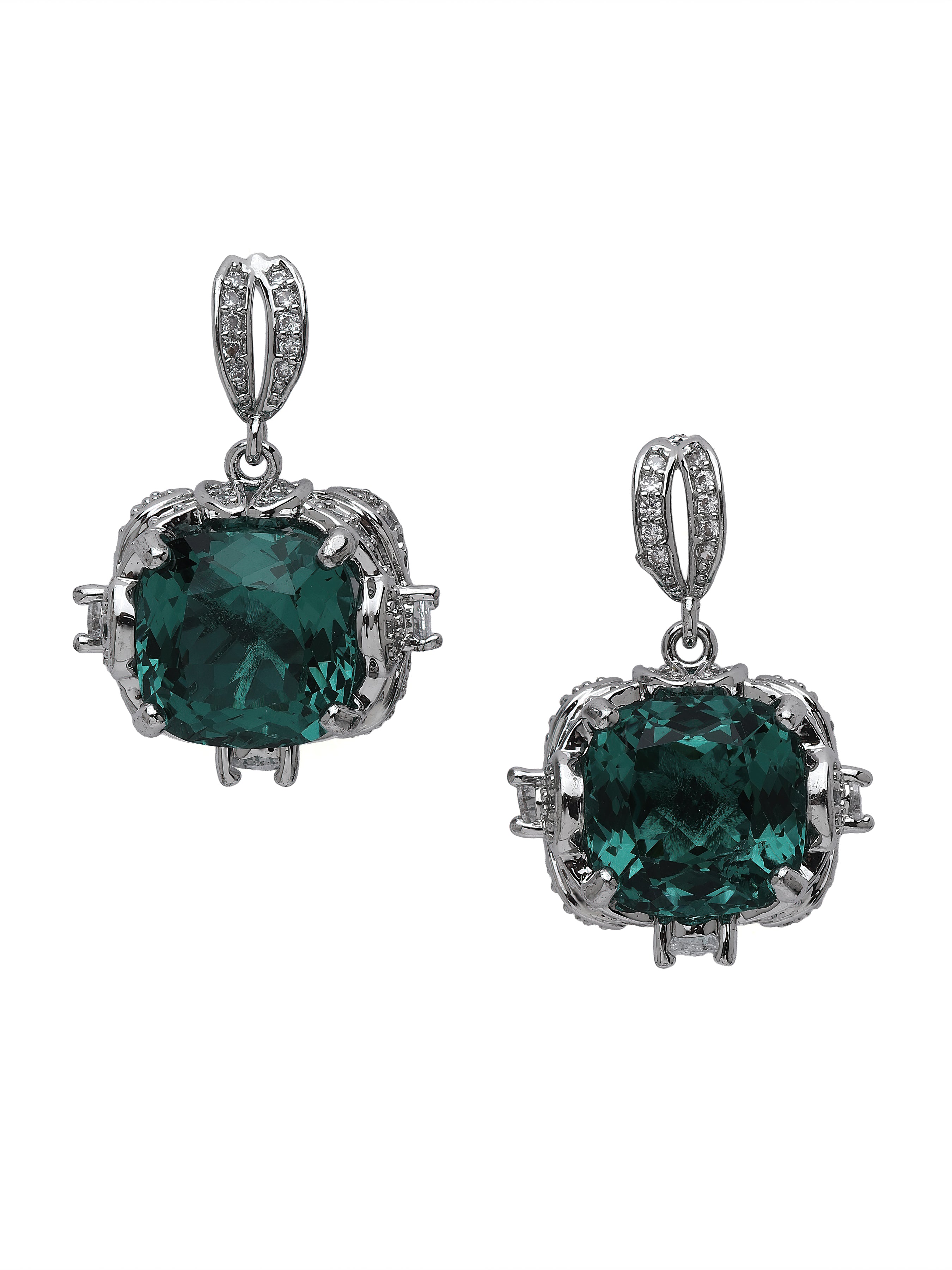 Green Cushion Cut Halo Drop Earrings