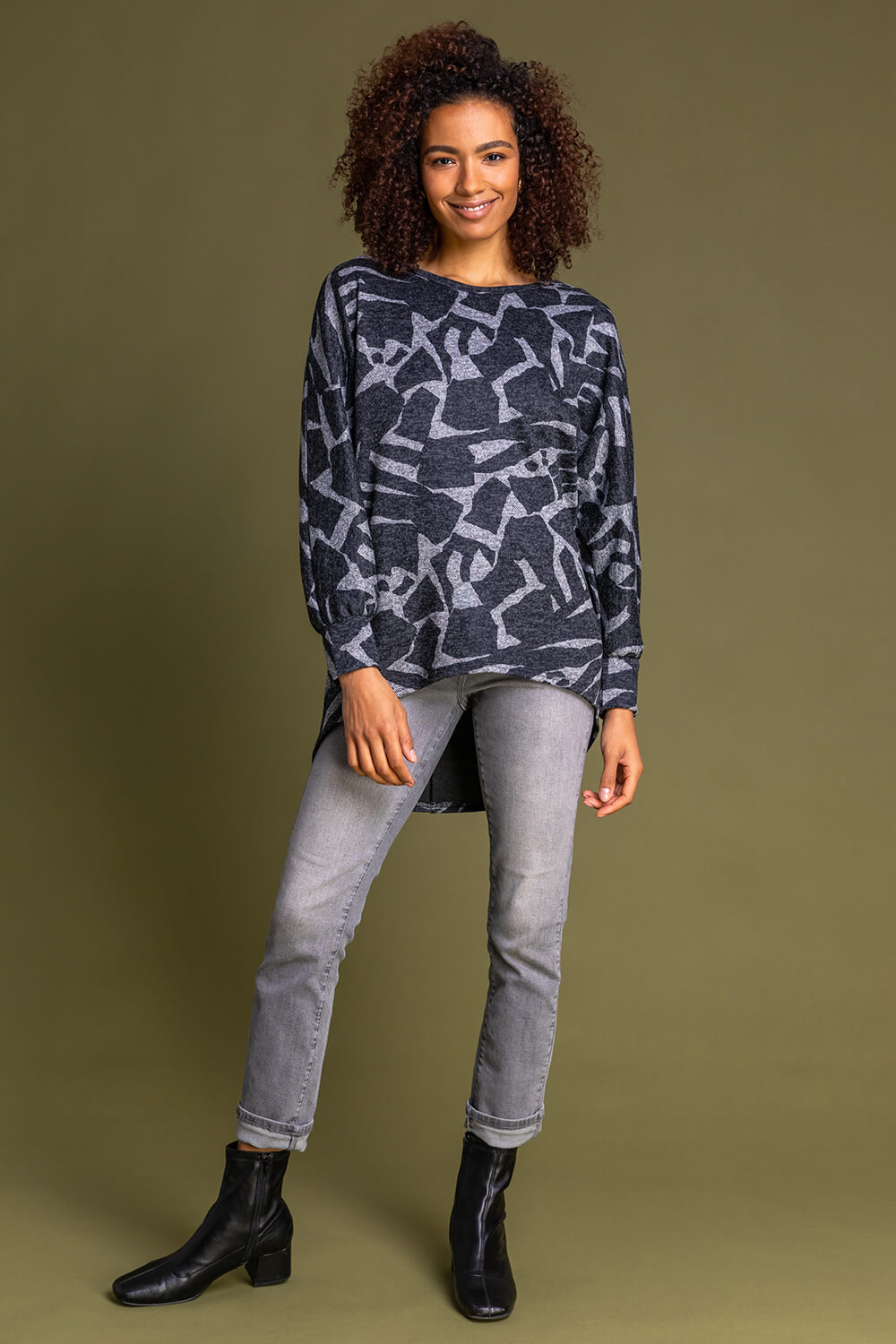 Dark Grey Abstract Animal Print Long Sleeve Top, Image 4 of 5
